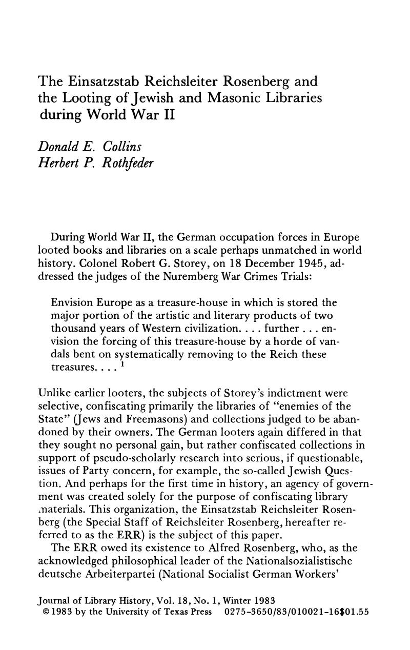 The Einsatzstab Reichsleiter Rosenberg and the Looting of Jewish and Masonic Libraries during World War II by Unknown