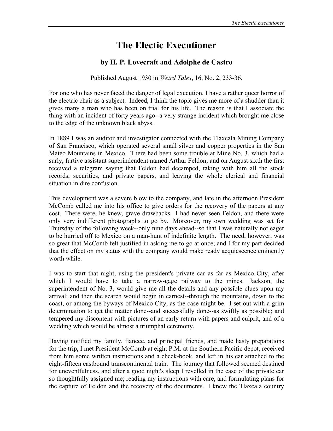 The Electic Executioner by by H. P. Lovecraft & Adolphe de Castro