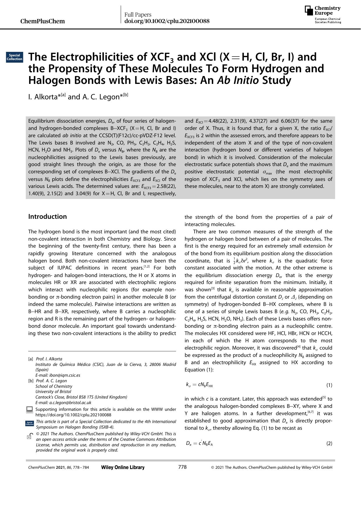 The Electrophilicities of XCF3 and XCl (X=H, Cl, Br, I) and the Propensity of These Molecules To Form Hydrogen and Halogen Bonds with Lewis Bases: An Ab Initio Study by Unknown