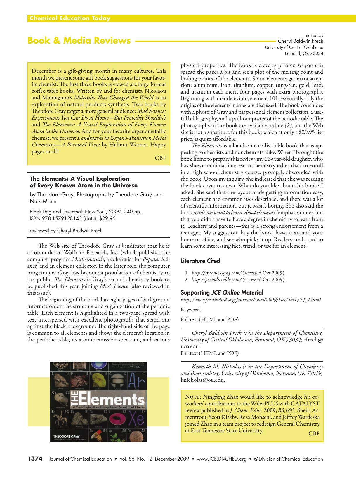 The Elements: A Visual Exploration of Every Known Atom in the Universe (Theodore Gray) by Cheryl Baldwin Frech