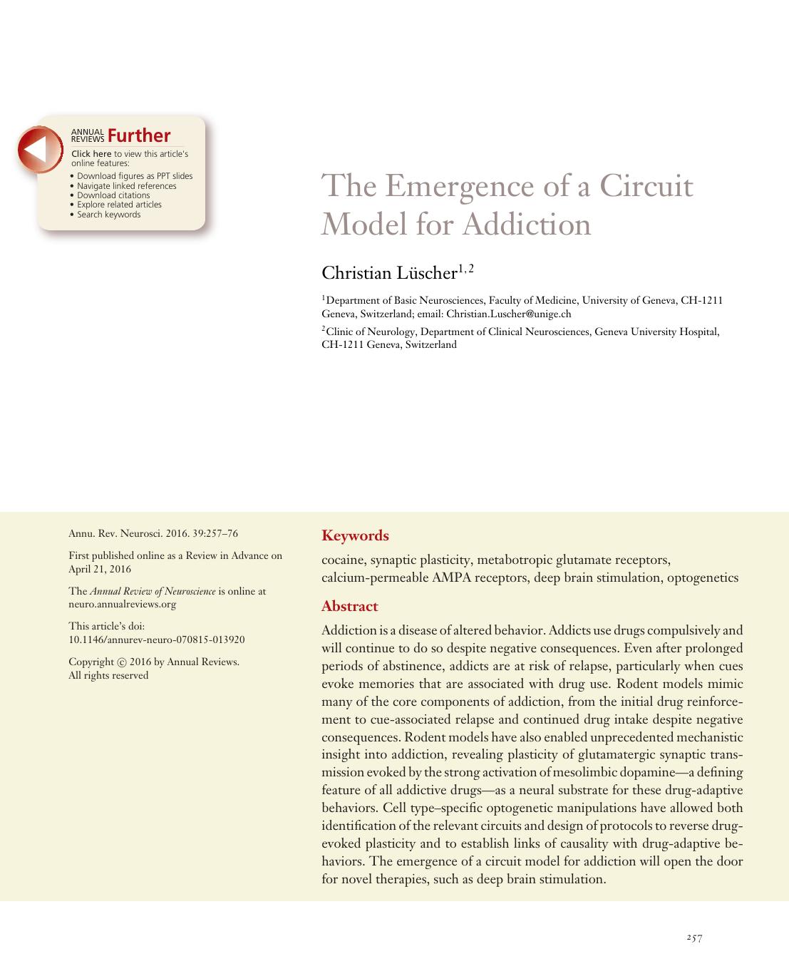 The Emergence of a Circuit Model for Addiction by Christian Lüscher