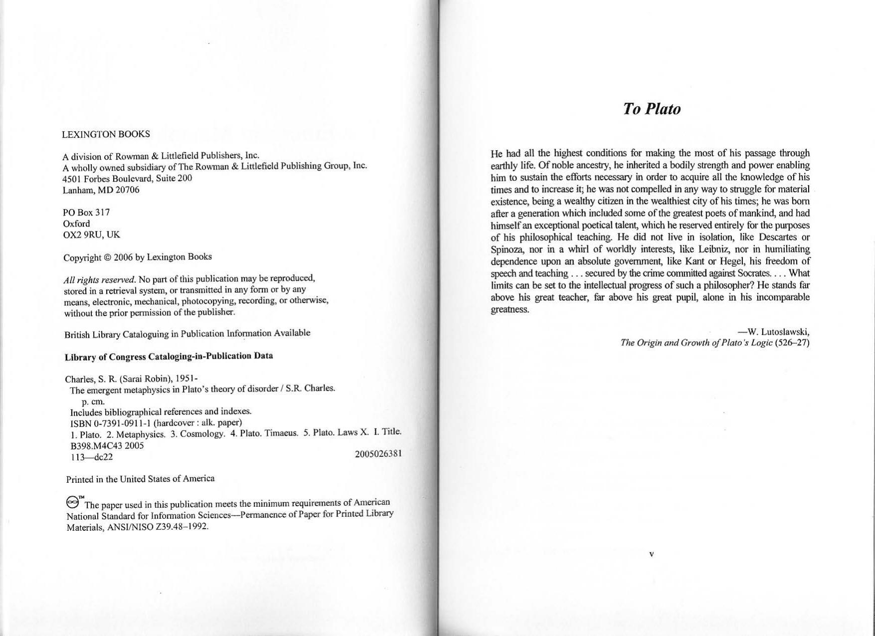 The Emergent Metaphysics in Plato's Theory of Disorder by S. R. Charles