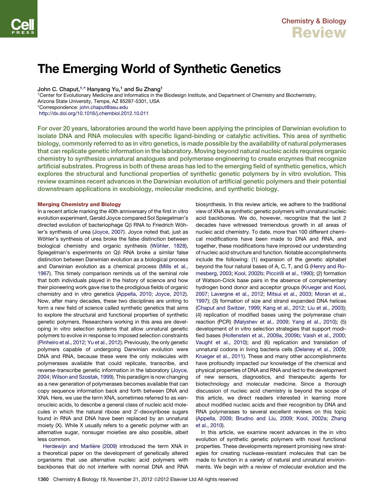 The Emerging World of Synthetic Genetics by John C. Chaput & Hanyang Yu & Su Zhang