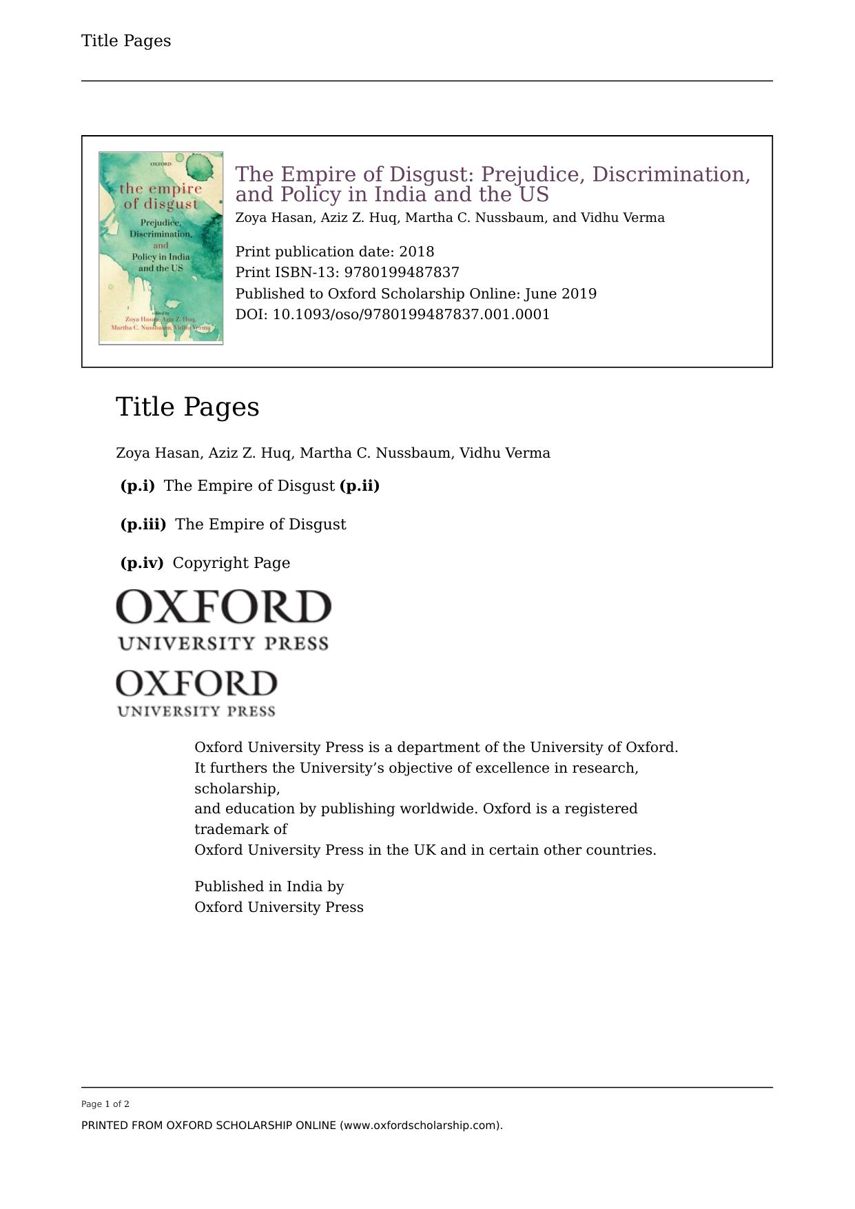 The Empire of Disgust: Prejudice, Discrimination, and Policy in India and the US by Unknow