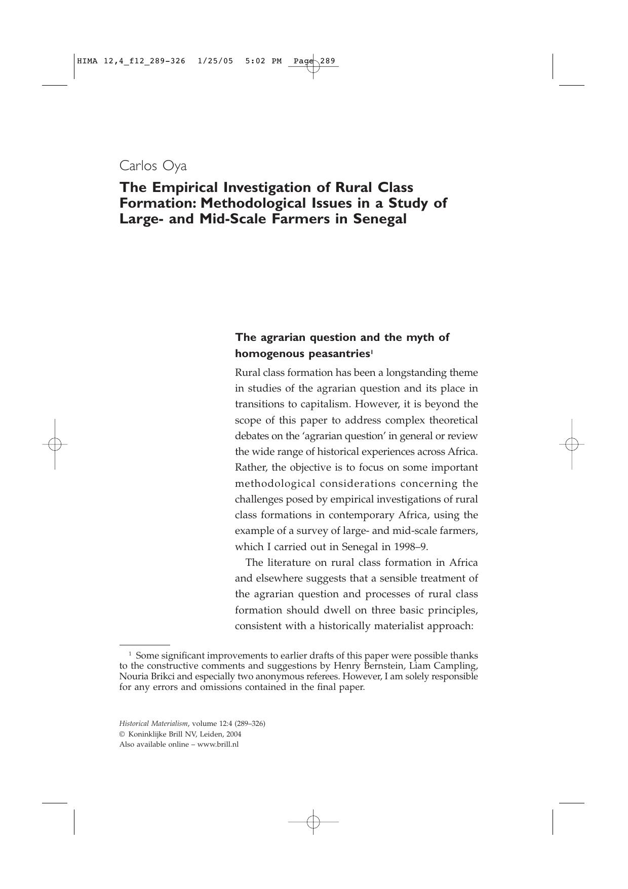 The Empirical Investigation of Rural Class Formation: Methodological Issues in a Study of Large- and Mid-Scale Farmers in Senegal by Carlos Oya