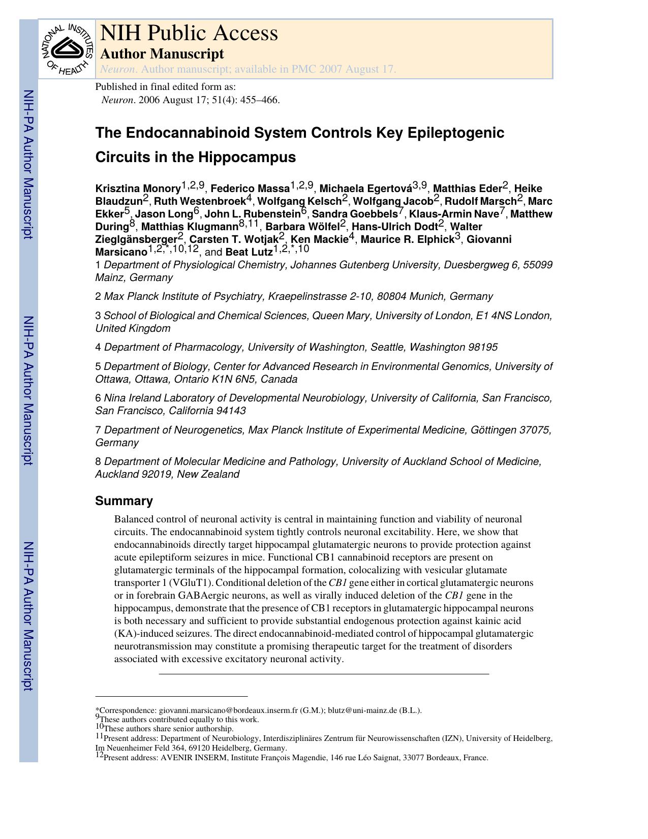The Endocannabinoid System Controls Key Epileptogenic Circuits in the Hippocampus by Unknown