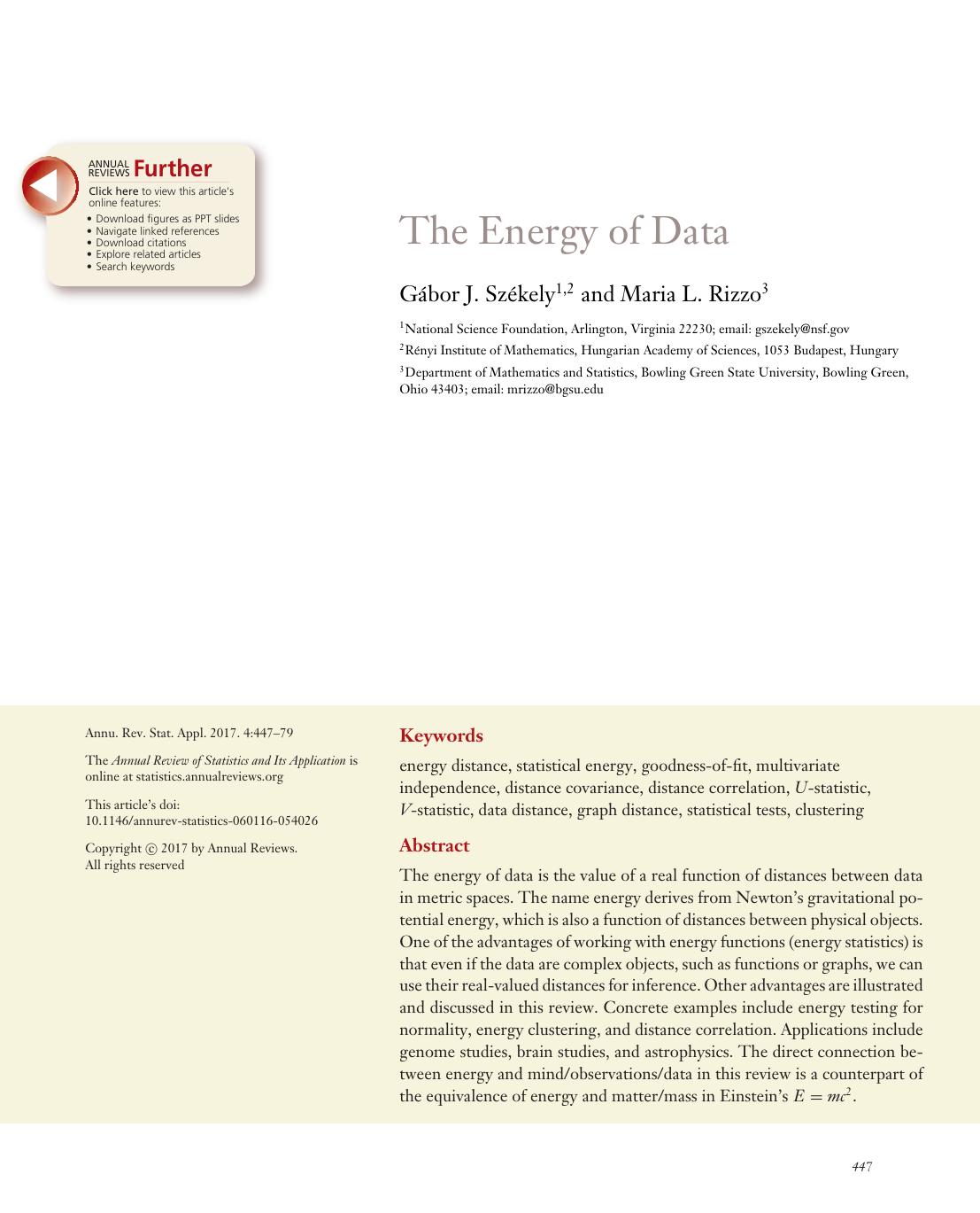 The Energy of Data by Gábor J. Székely and Maria L. Rizzo