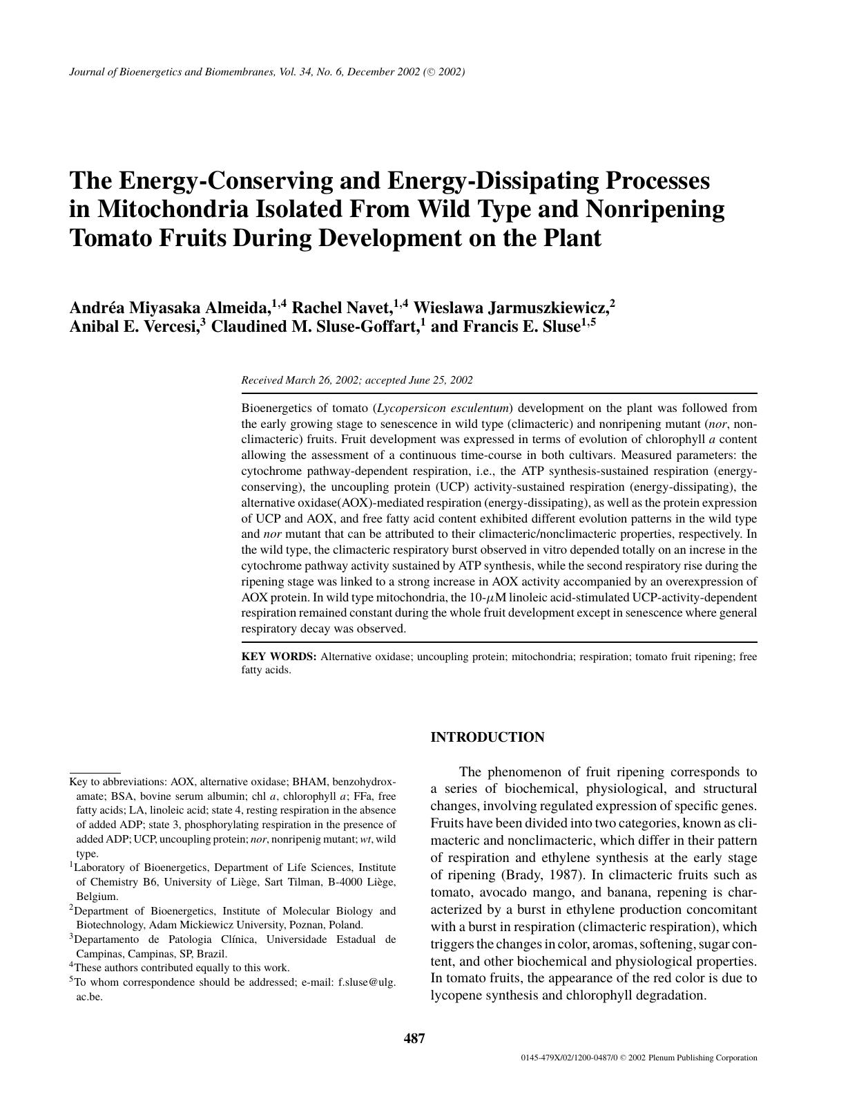 The Energy-Conserving and Energy-Dissipating Processes in Mitochondria Isolated from Wild Type and Nonripening Tomato Fruits During Development on the Plant by Unknown
