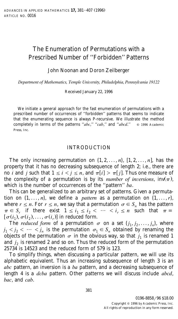 The Enumeration of Permutations with a Prescribed Number of "Forbidden" Patterns by Noonan J. et al