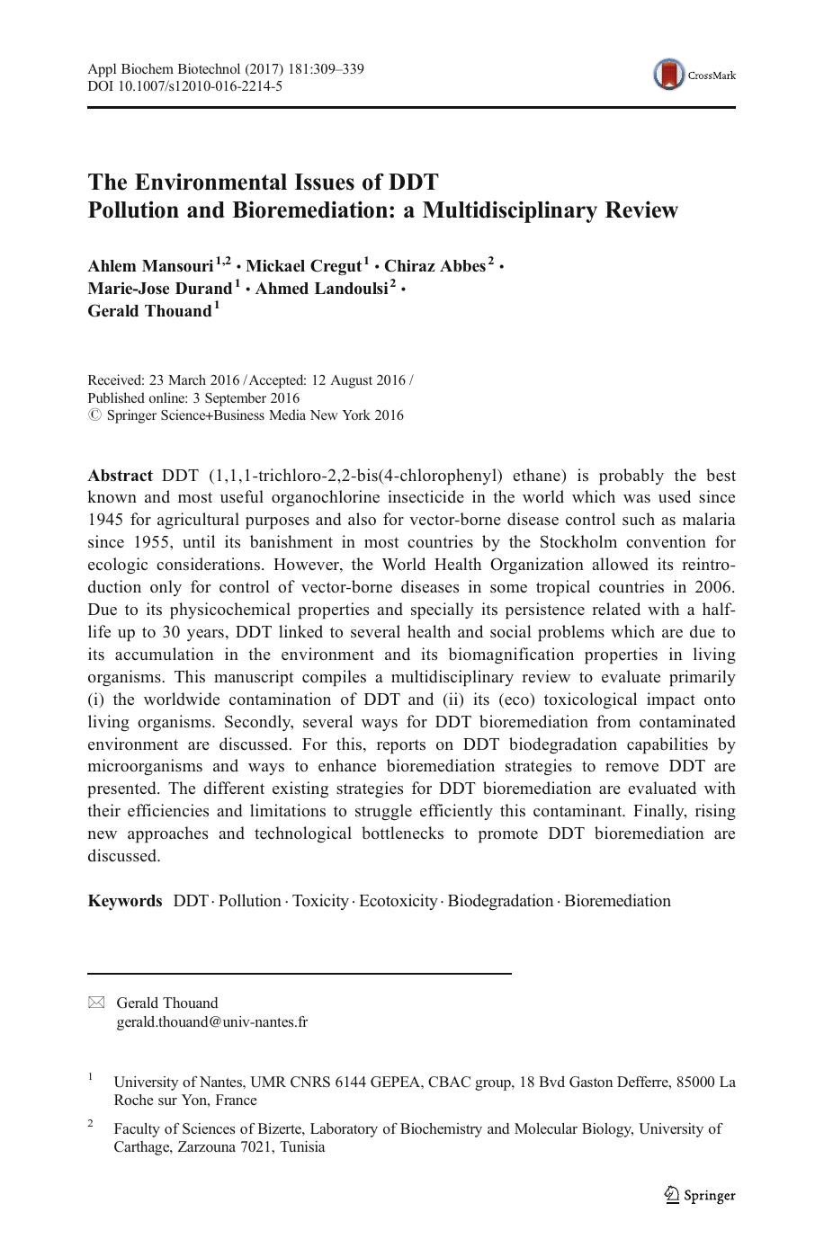 The Environmental Issues of DDT Pollution and Bioremediation: a Multidisciplinary Review by unknow
