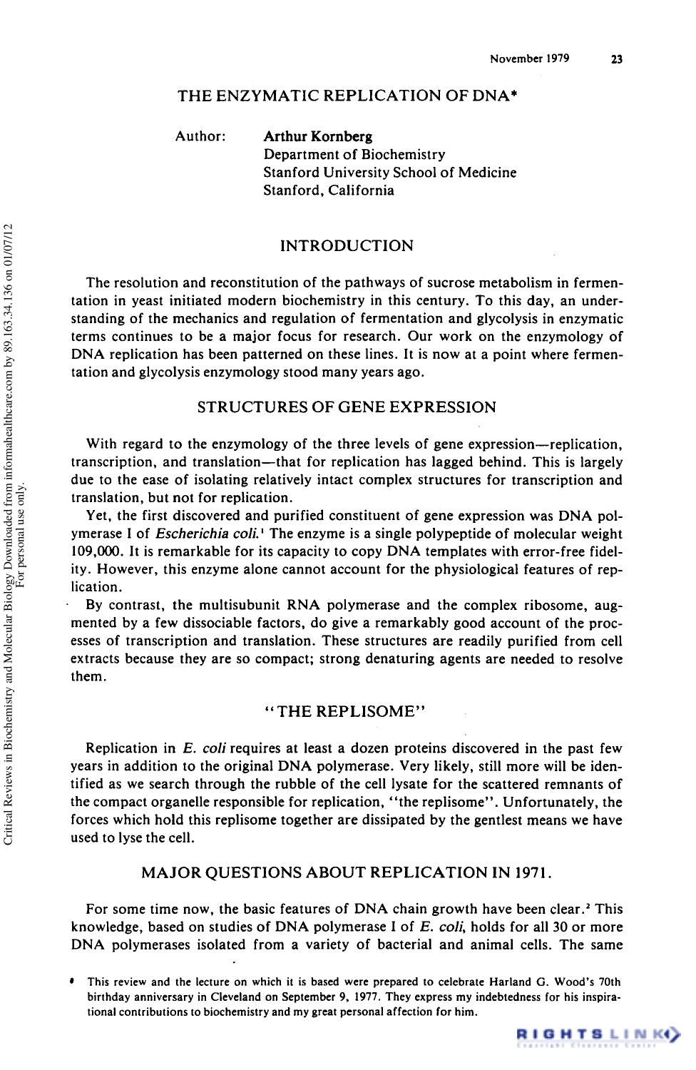 The Enzymatic Replication of DN by Arthur Kornberg