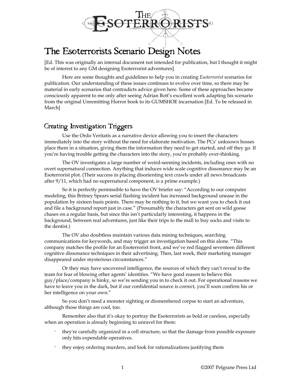 The Esoterrorists Scenario Design Notes by Robin Laws