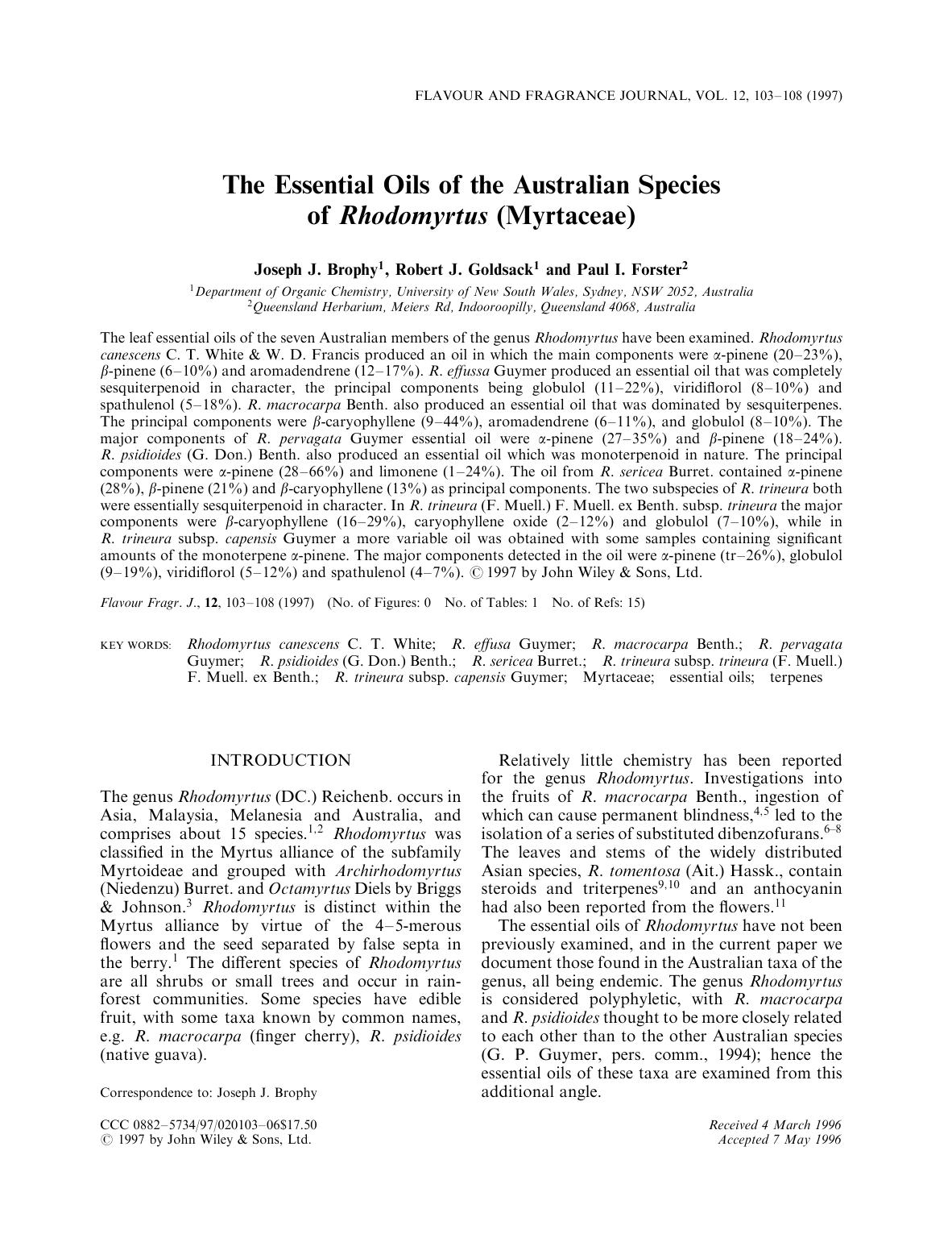The Essential Oils of the Australian Species of Rhodomyrtus (Myrtaceae) by Unknown