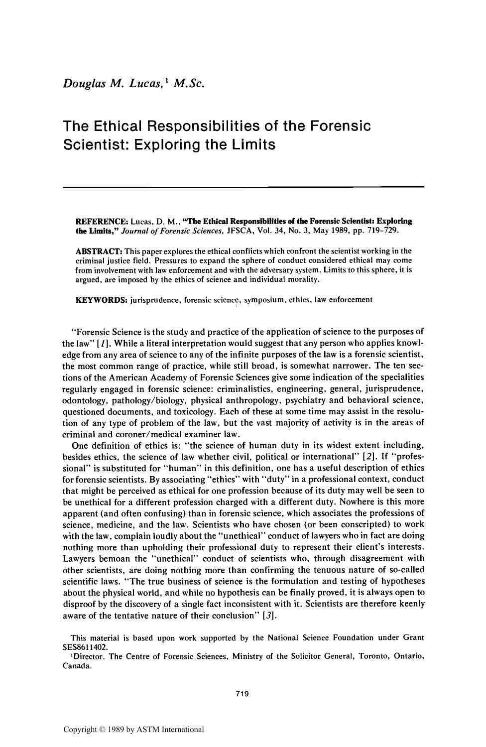 The Ethical Responsibilities of the Forensic Scientist: Exploring the Limits by Lucas DM