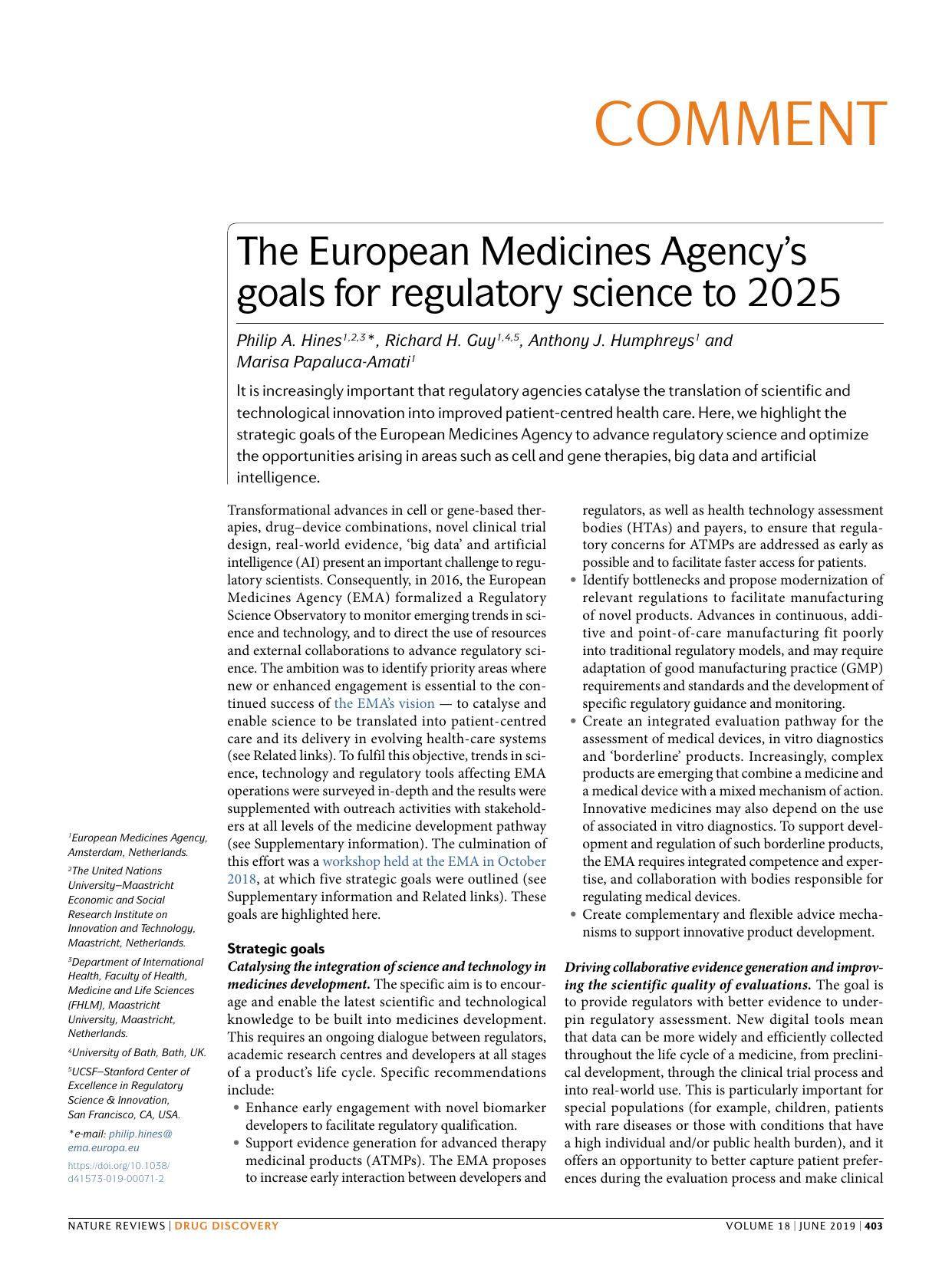 The European Medicines Agencyâs goals for regulatory science to 2025 by Philip A. Hines & Richard H. Guy & Anthony J. Humphreys & Marisa Papaluca-Amati