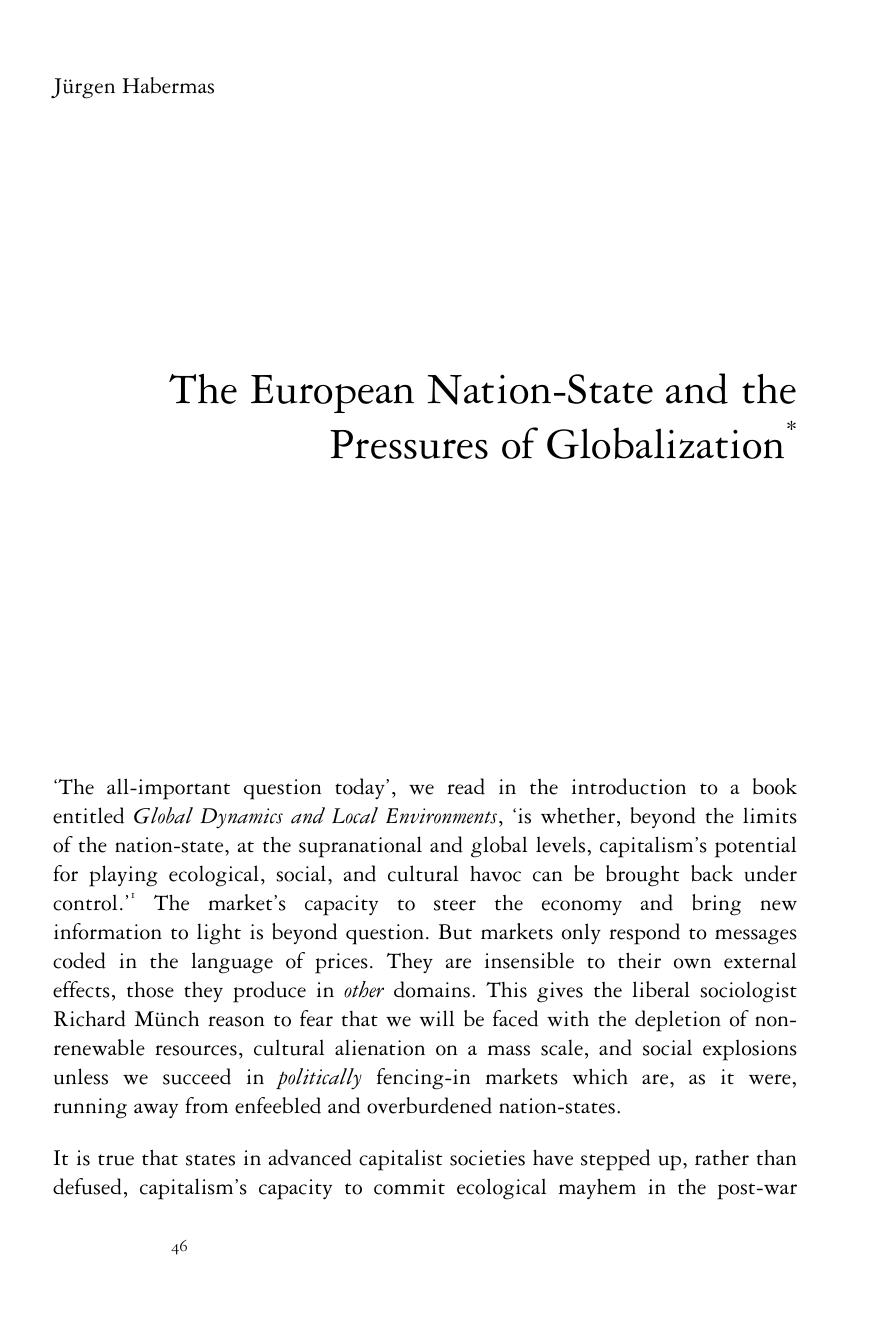 The European Nation-State and the Pressures of Globalization by Jürgen Habermas