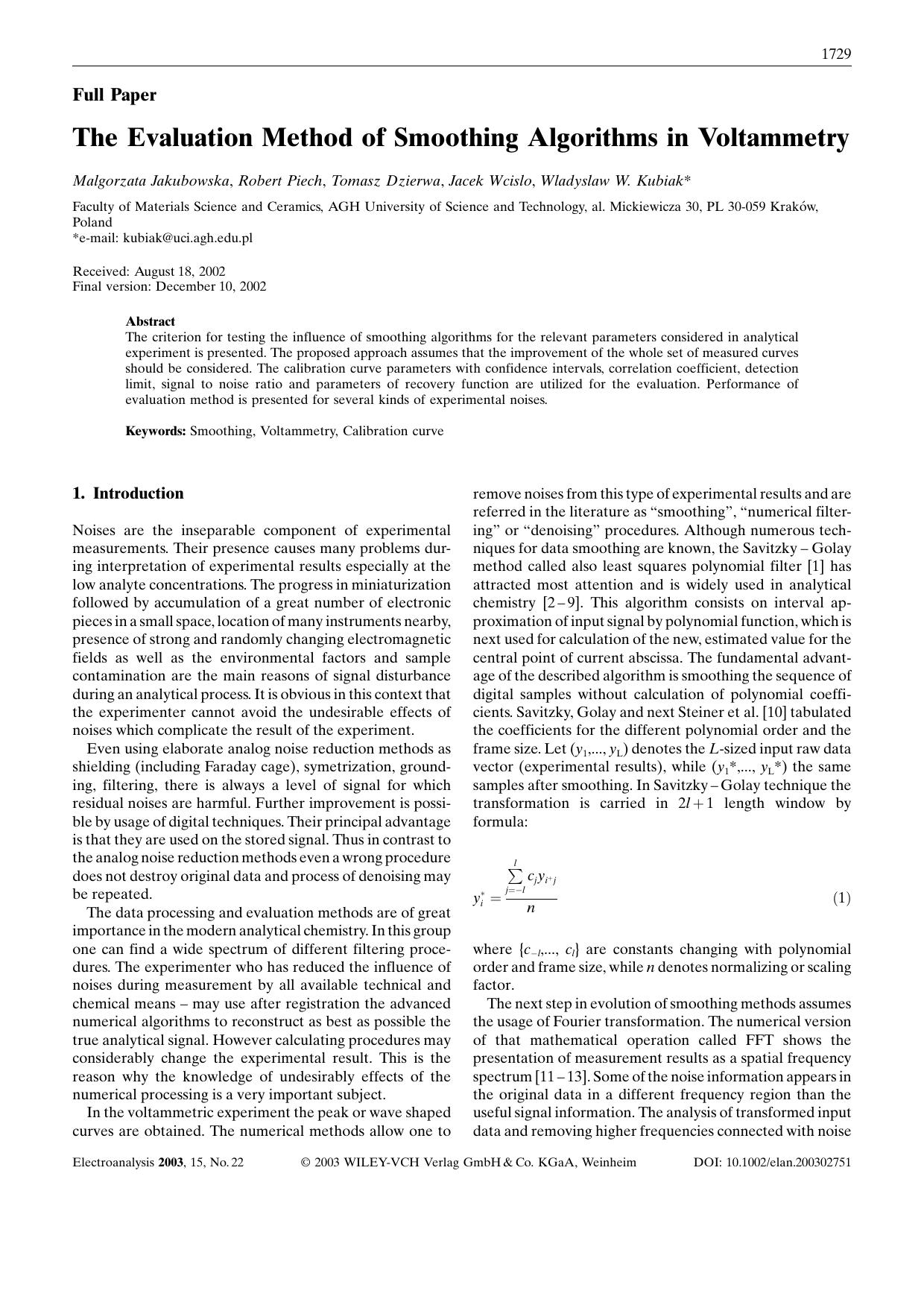 The Evaluation Method of Smoothing Algorithms in Voltammetry by Unknown