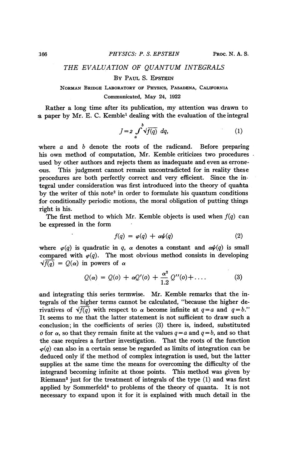 The Evaluation of Quantum Integrals by Epstein P. S