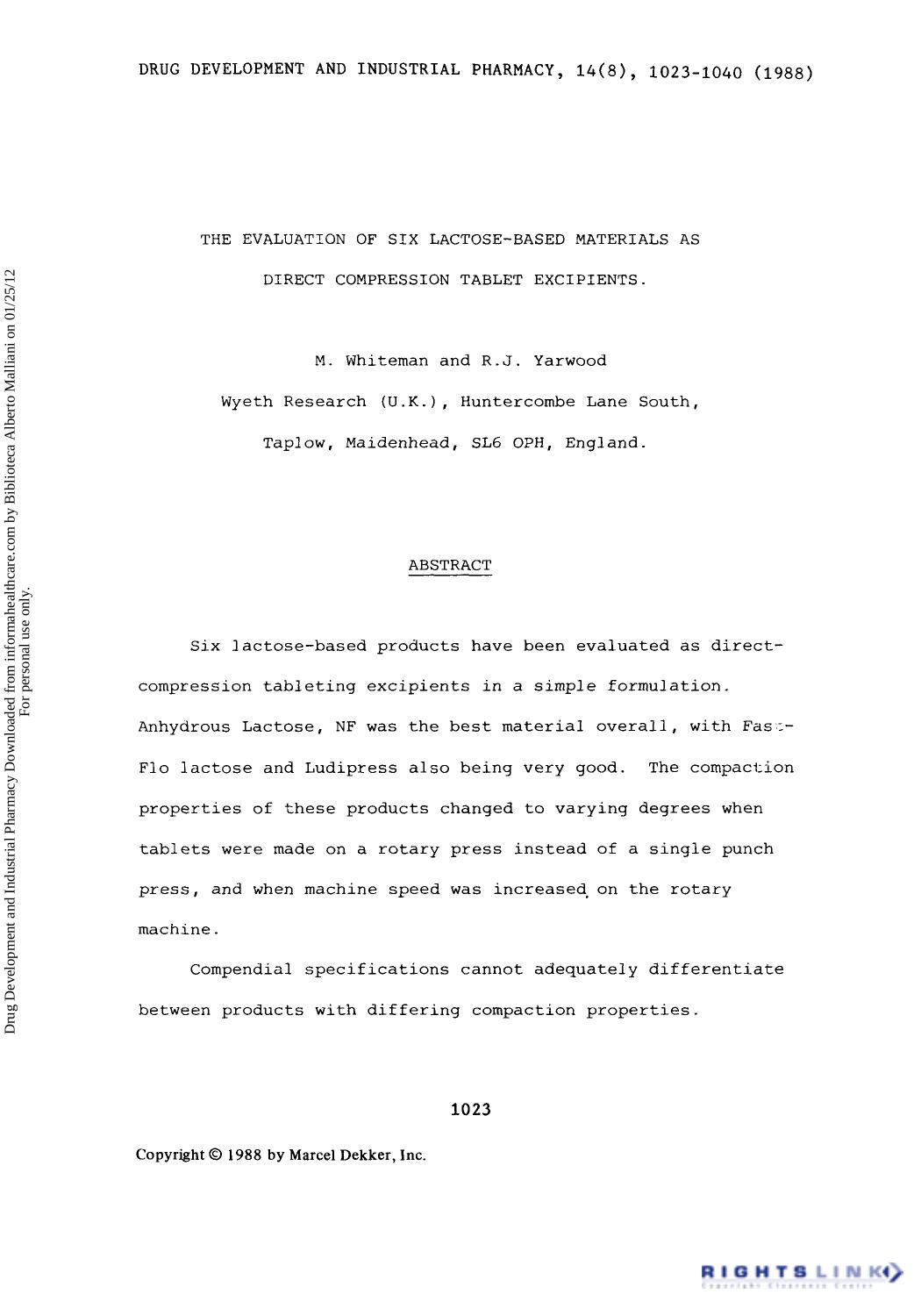The Evaluation of Six Lactose-Based Materials as Direct Compression Tablet Excipients by M. Whiteman & R. J. Yarwood