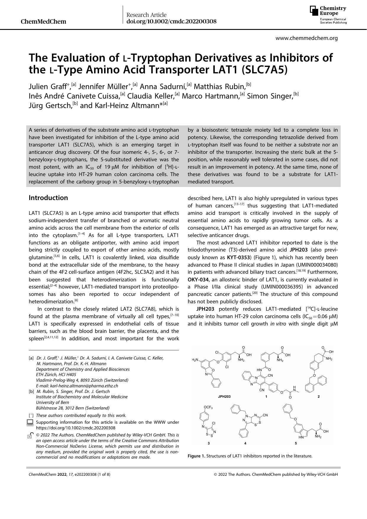 The Evaluation of lâTryptophan Derivatives as Inhibitors of the lâType Amino Acid Transporter LAT1 (SLC7A5) by Unknown