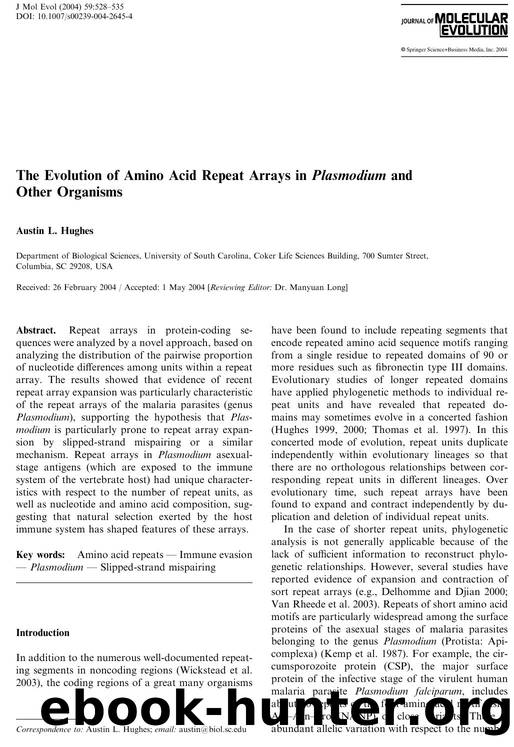 The Evolution of Amino Acid Repeat Arrays in Plasmodium and Other Organisms by Hughes A.L. et al