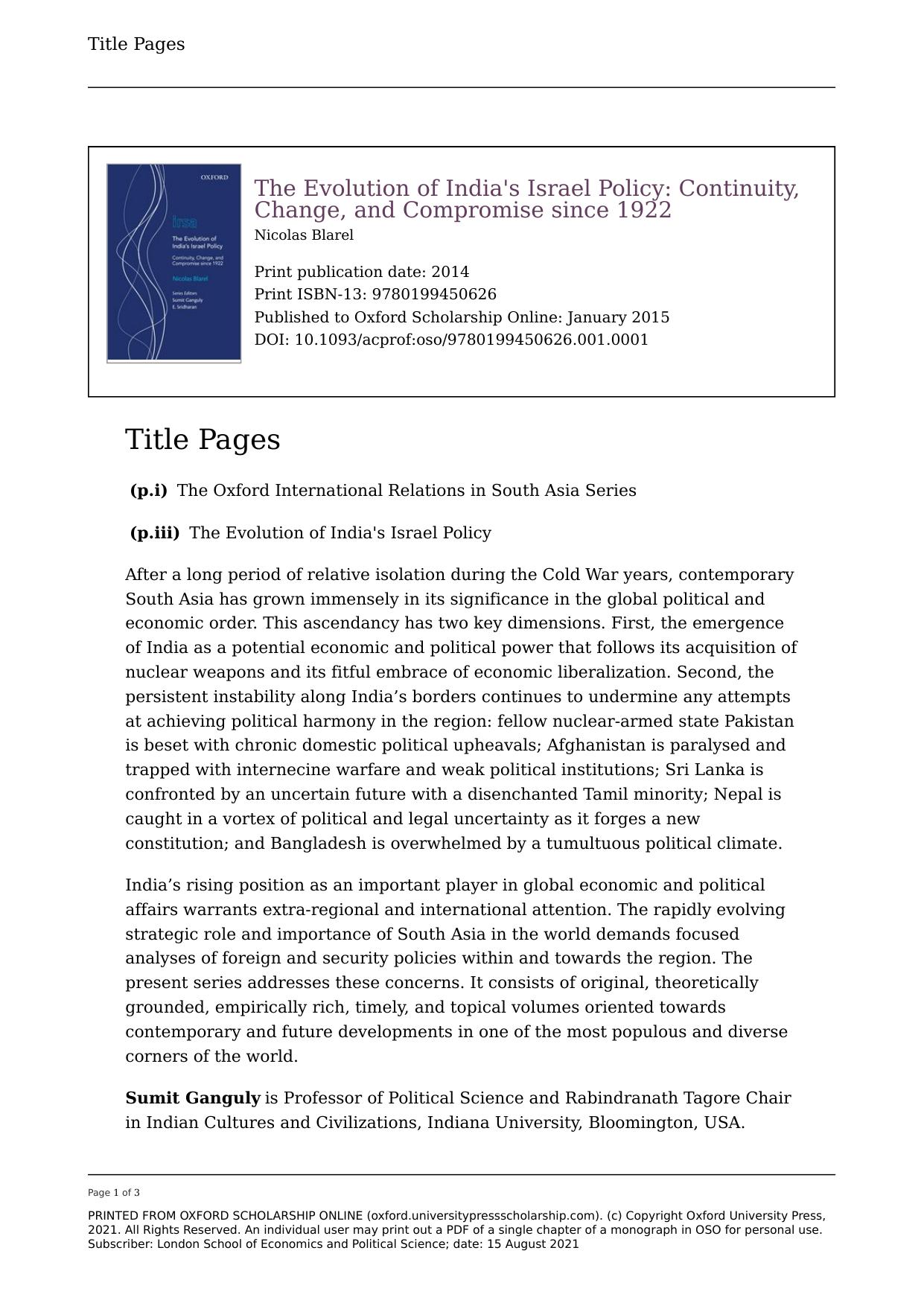 The Evolution of India's Israel Policy: Continuity, Change and Compromise since 1922 by Nicolas Blarel