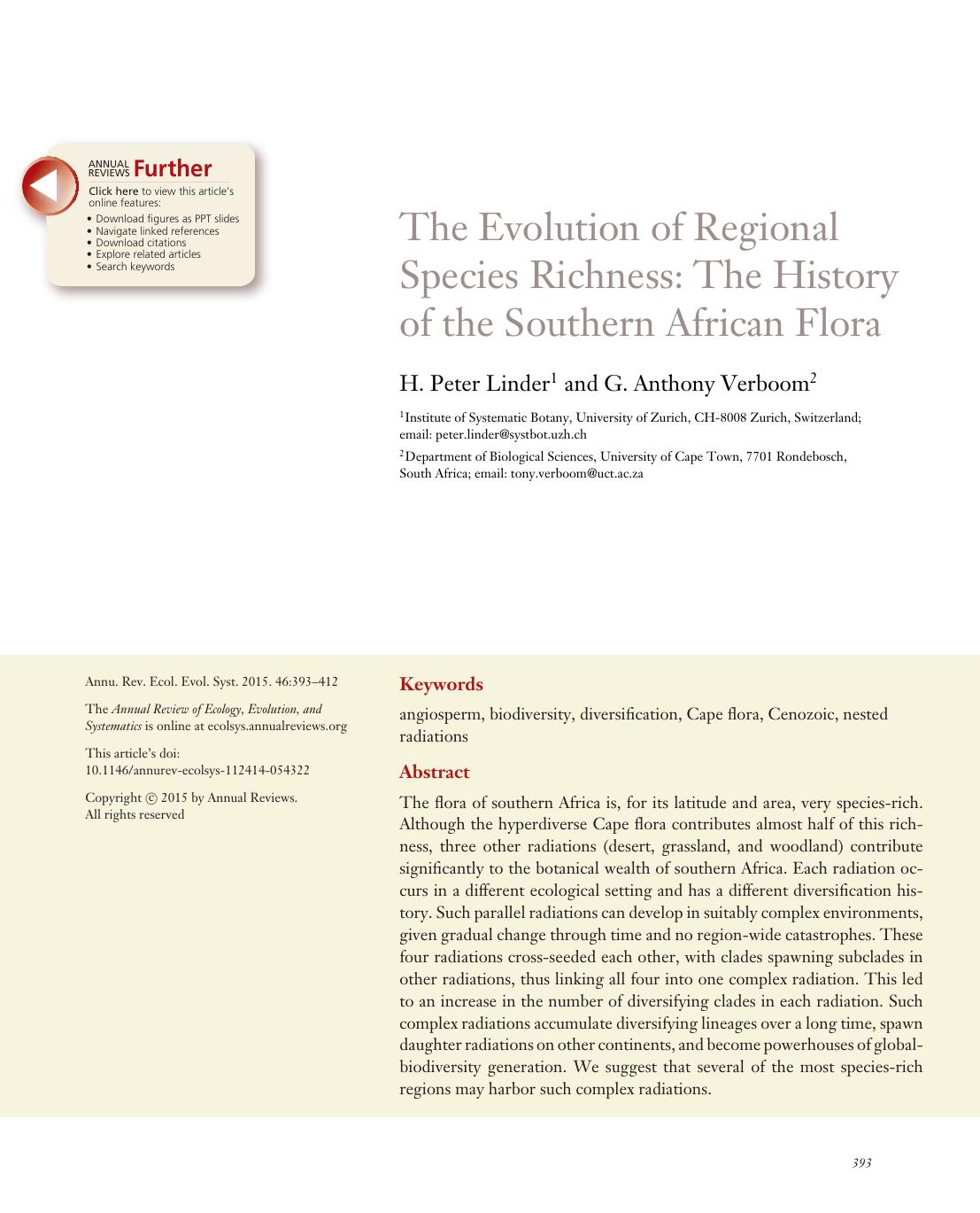 The Evolution of Regional Species Richness: The History of the Southern African Flora by H. Peter Linder and G. Anthony Verboom