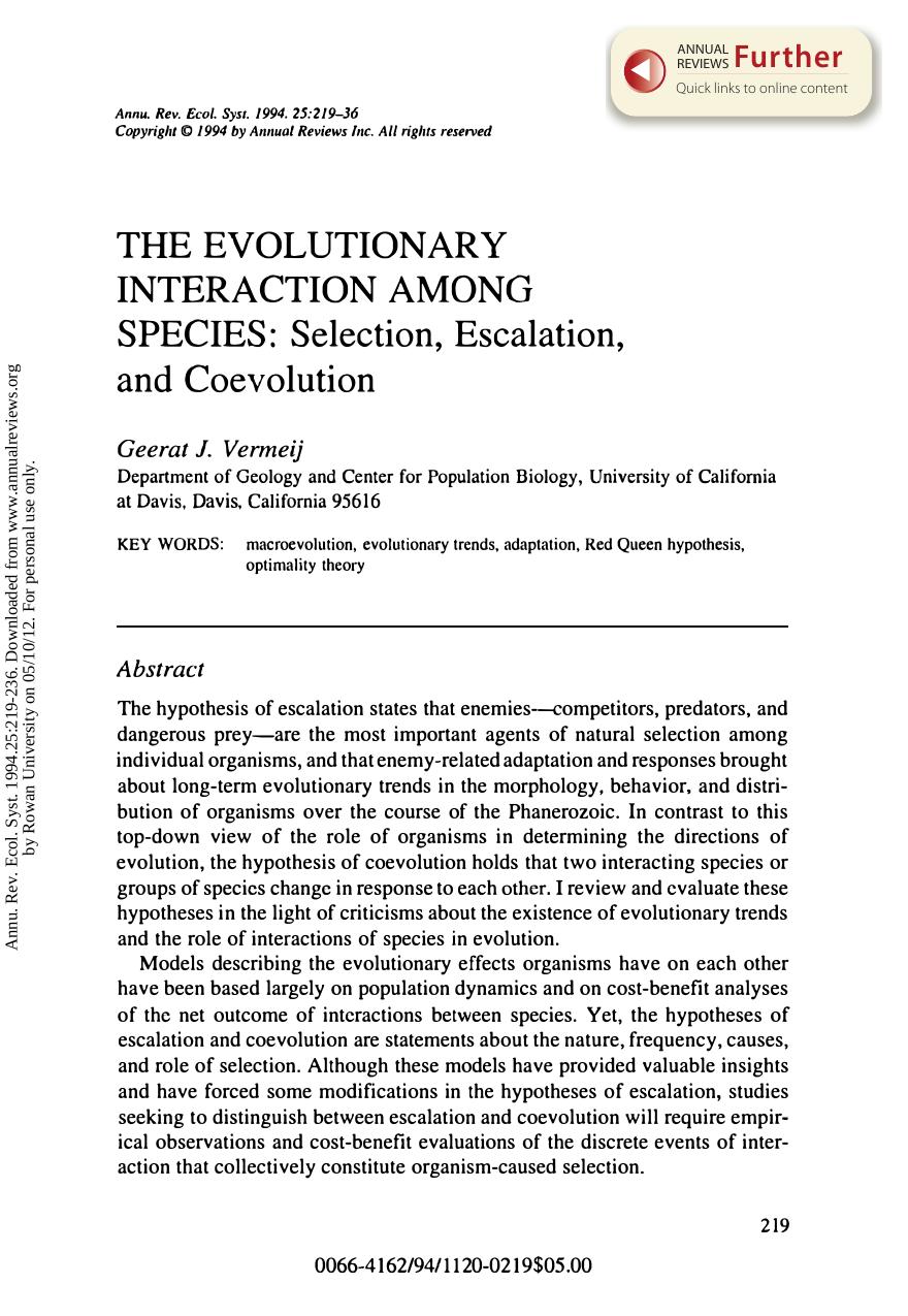 The Evolutionary Interaction Among Species: Selection, Escalation, and Coevolution by G J Vermeij