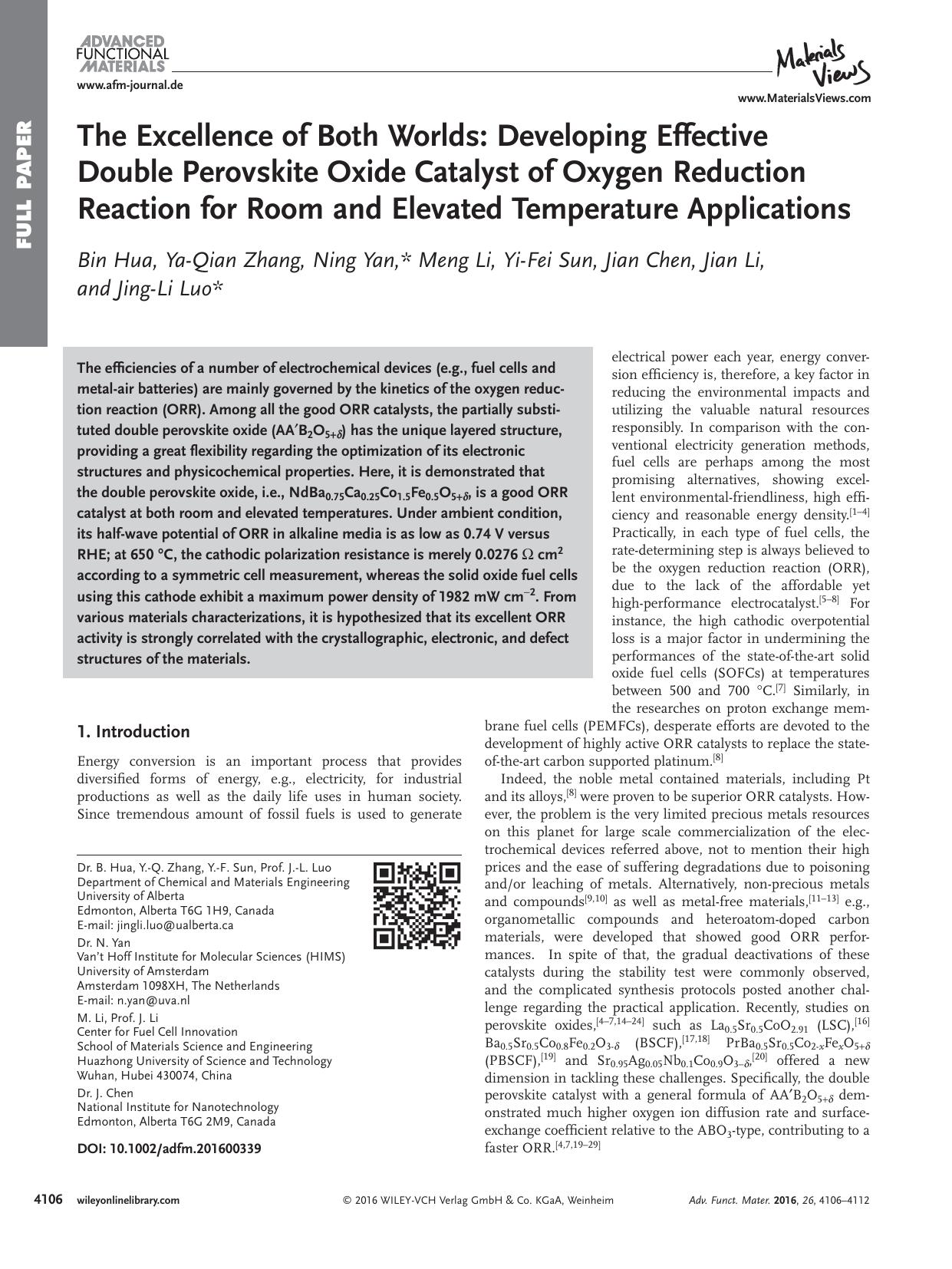 The Excellence of Both Worlds: Developing Effective Double Perovskite Oxide Catalyst of Oxygen Reduction Reaction for Room and Elevated Temperature Applications by Unknown
