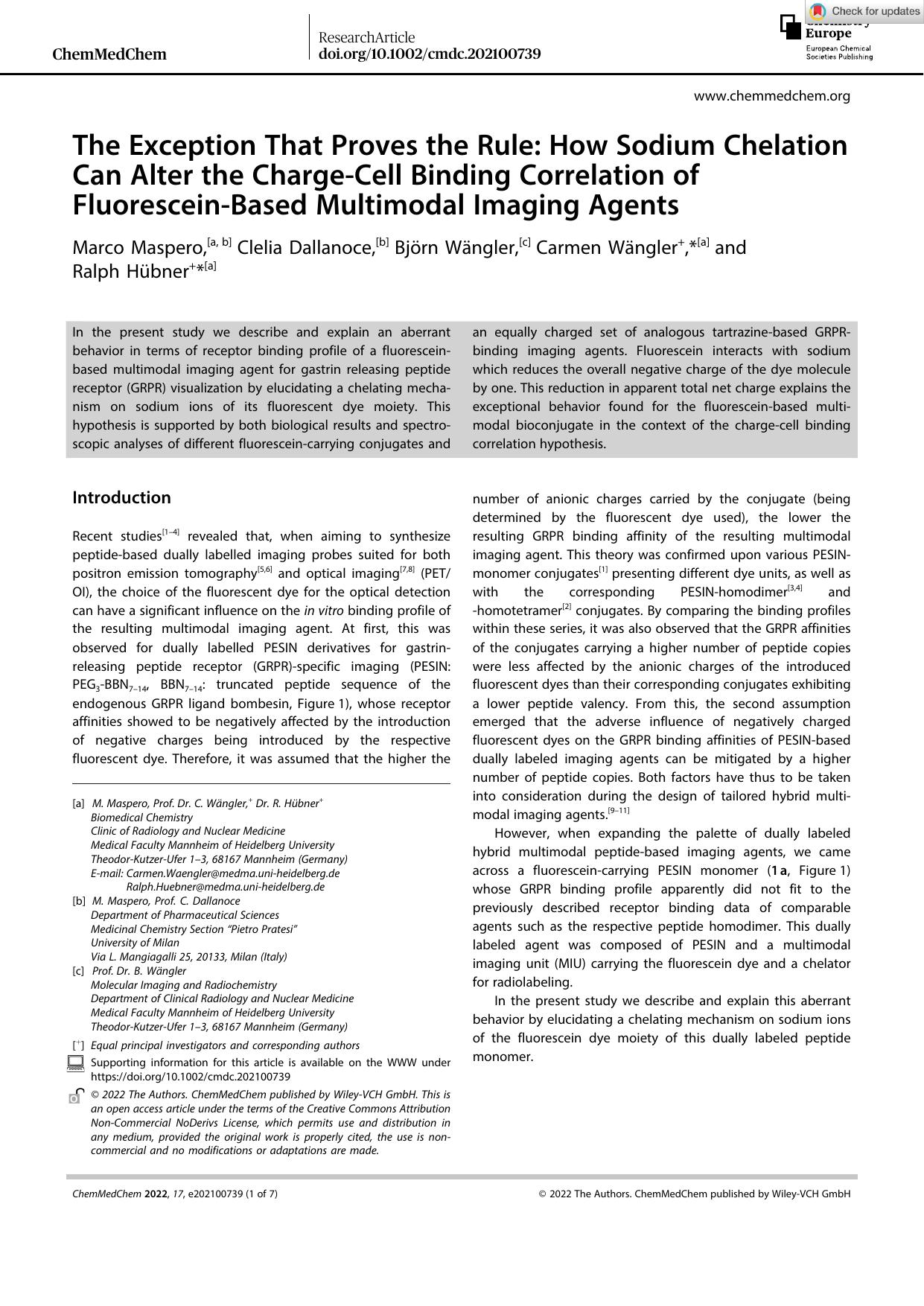 The Exception That Proves the Rule: How Sodium Chelation Can Alter the ChargeâCell Binding Correlation of FluoresceinâBased Multimodal Imaging Agents by Unknown