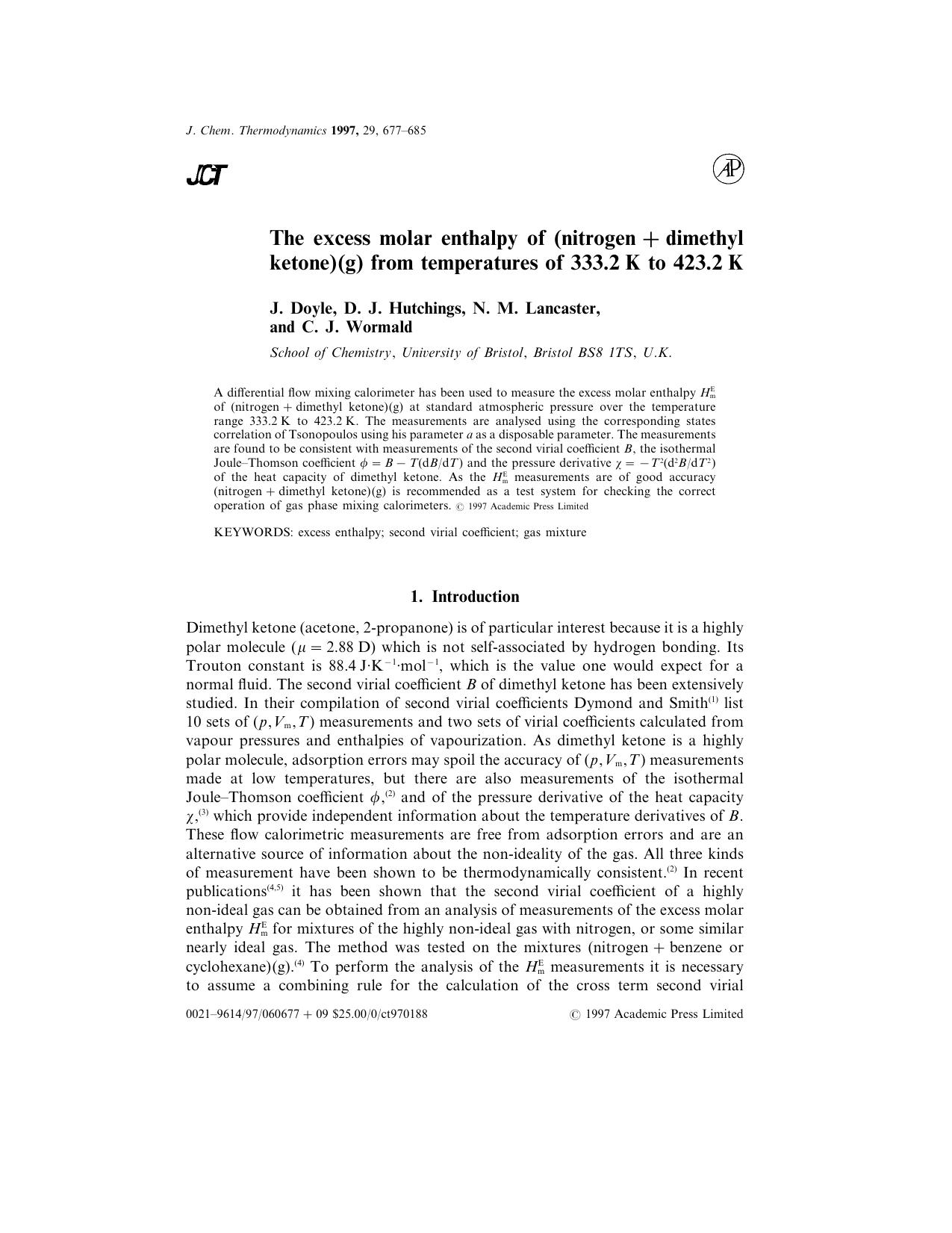 The Excess Molar Enthalpy of (Nitrogen+Dimethyl Ketone((g) from Temperatures of 333.2 K to 423.2 K by Doyle J. et al