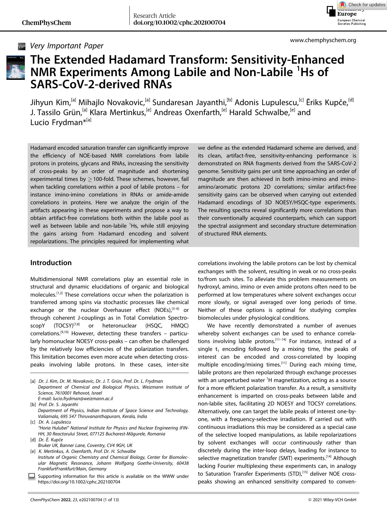 The Extended Hadamard Transform: SensitivityâEnhanced NMR Experiments Among Labile and NonâLabile 1Hs of SARSâCoVâ2âderived RNAs by Unknown