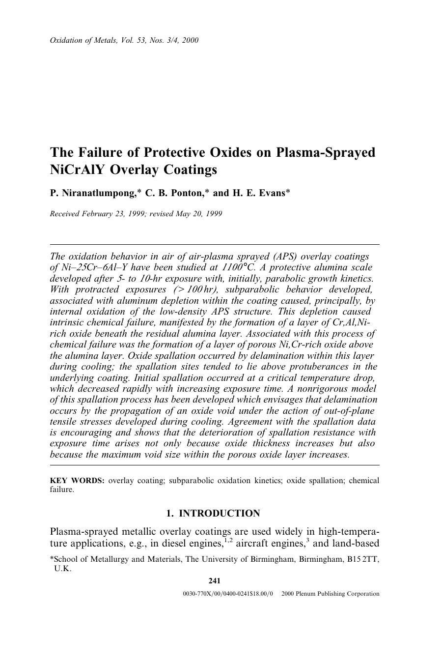 The Failure of Protective Oxides on Plasma-Sprayed NiCrAlY Overlay Coatings by Unknown