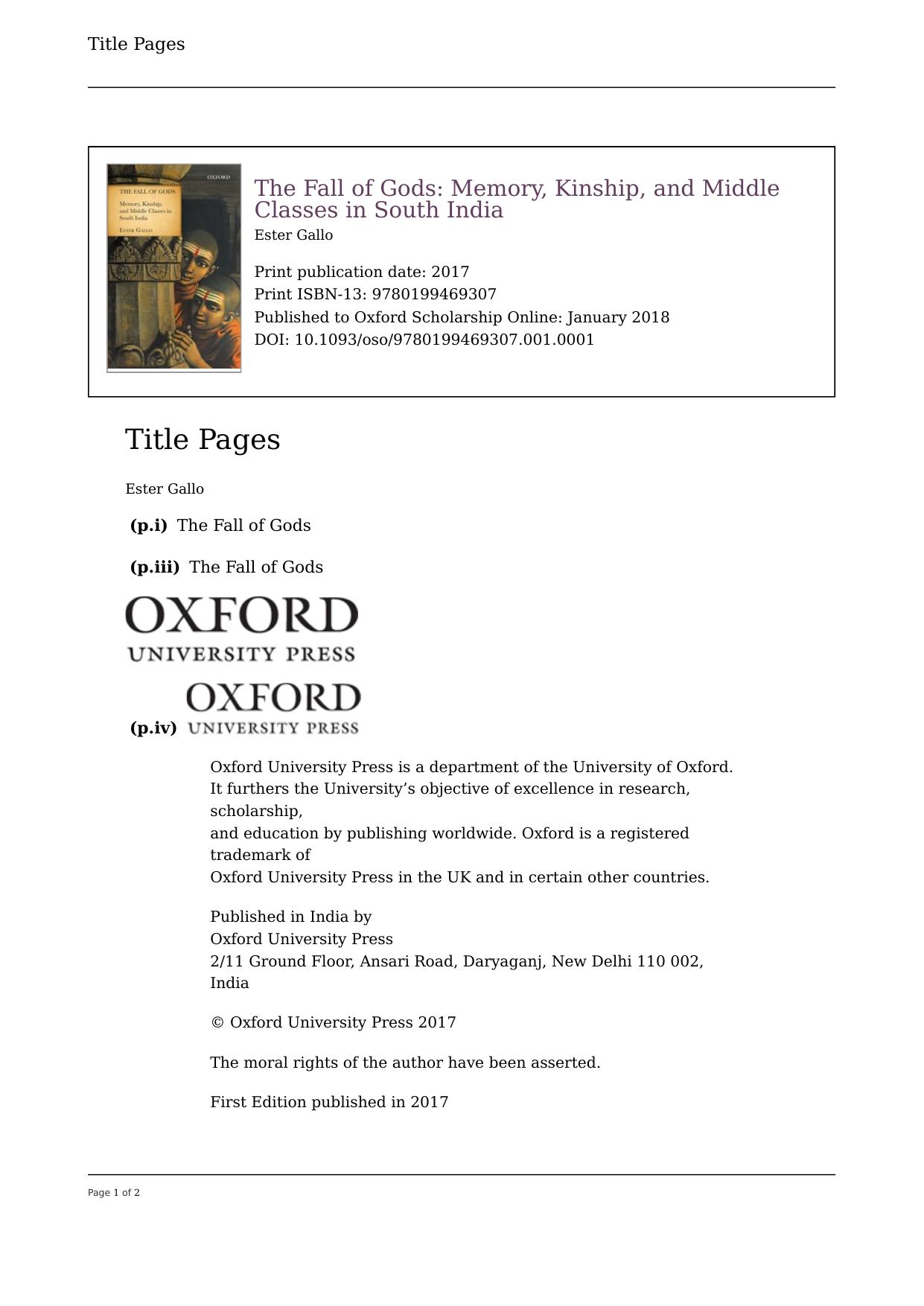 The Fall of Gods: Memory, Kinship, and Middle Classes in South India by Ester Gallo