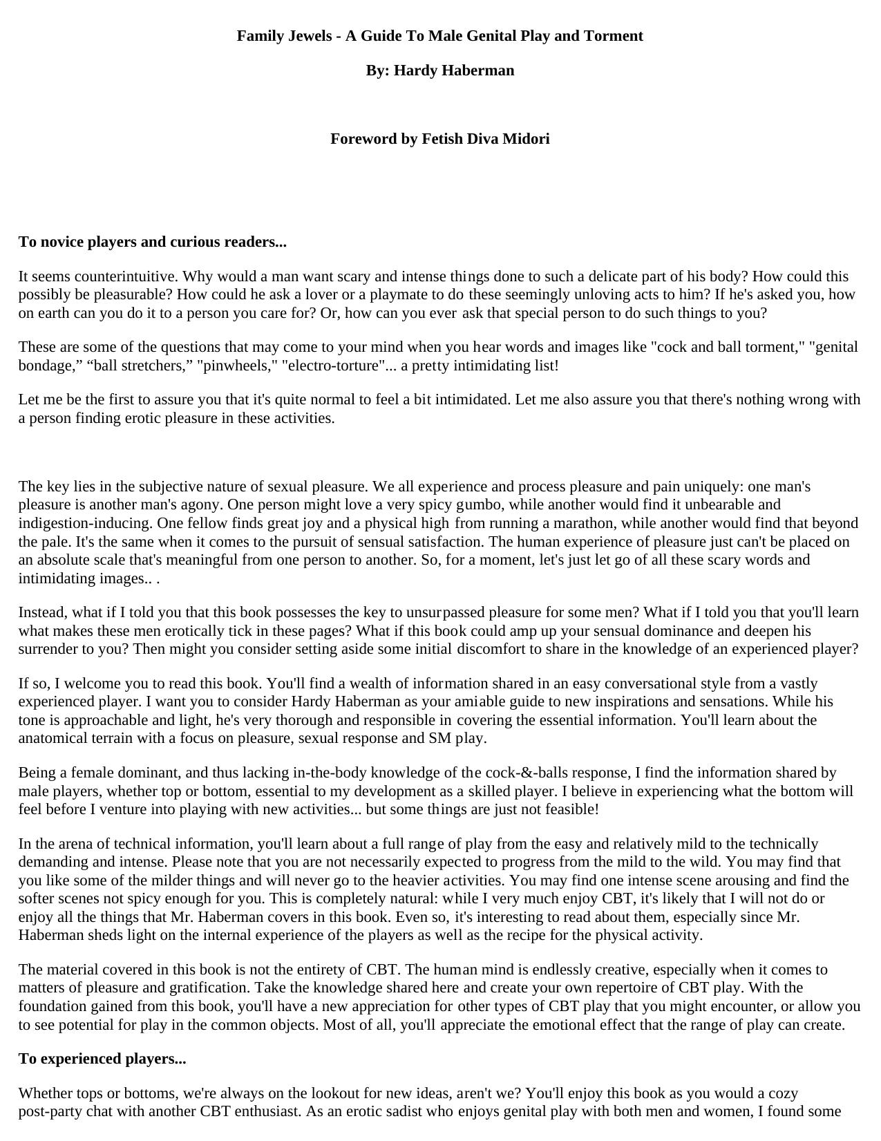 The Family Jewels: A Guide to Male Genital Play and Torment by Hardy Haberman