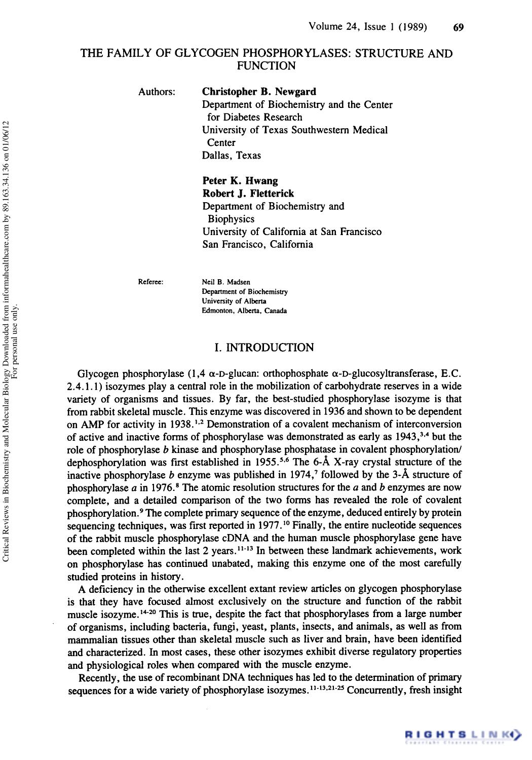 The Family of Glycogen Phosphorylases: Structure and Functio by Christopher B. Newgard Peter K. Hwang & Robert J. Fletterick