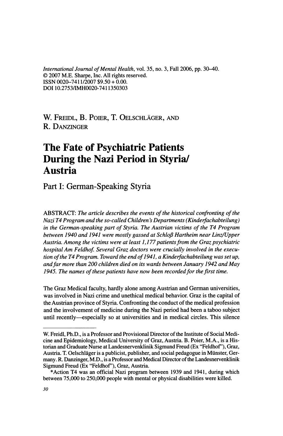 The Fate of Psychiatrie Patients During the Nazi Period in Styria---Austria; Part I, German-Speaking Styria by Unknown