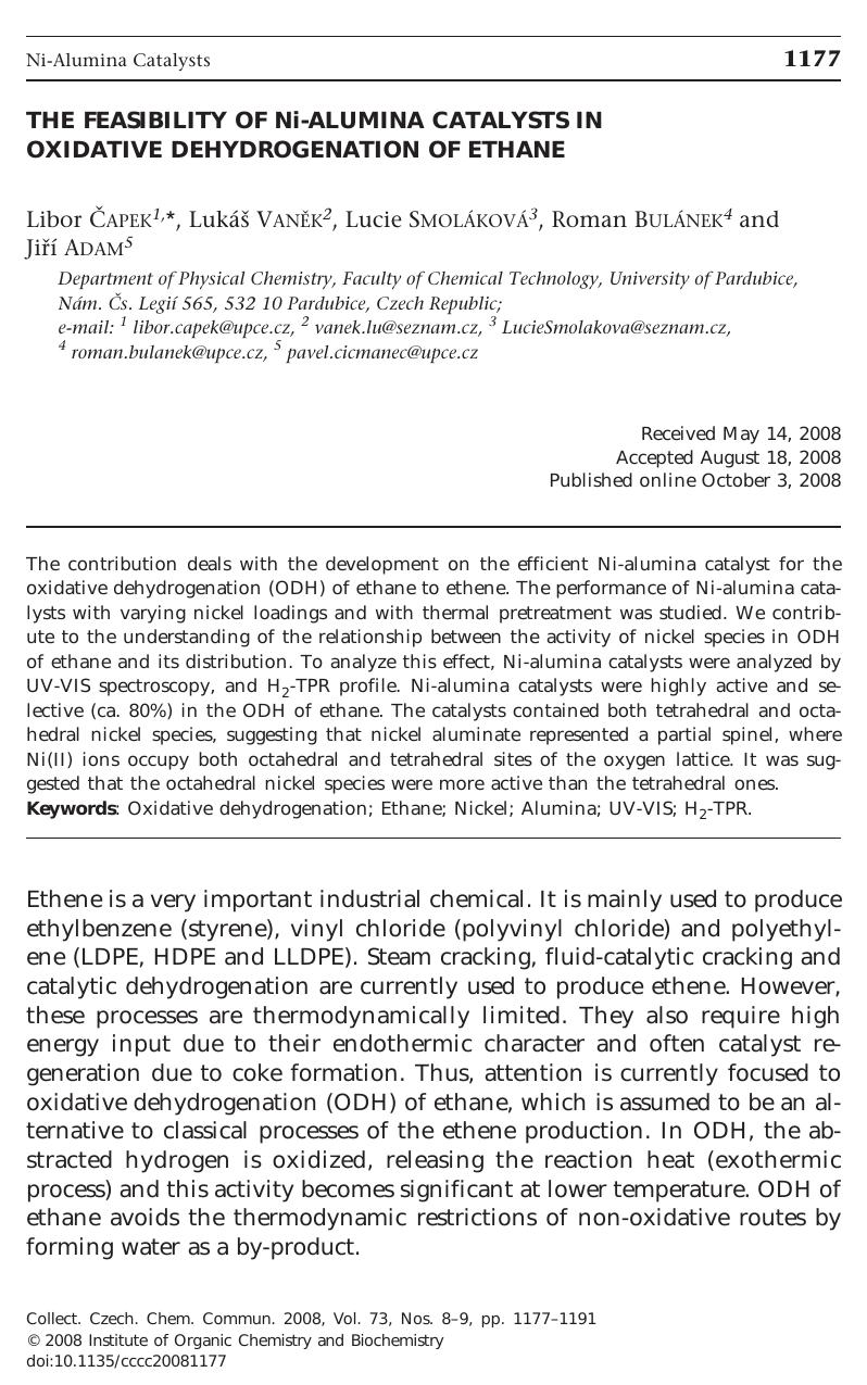 The Feasibility of Ni-Alumina Catalysts in Oxidative Dehydrogenation of Ethane by Libor Capek Lukas Vanek Lucie Smolakova Roman Bulanek & Jiri Adam