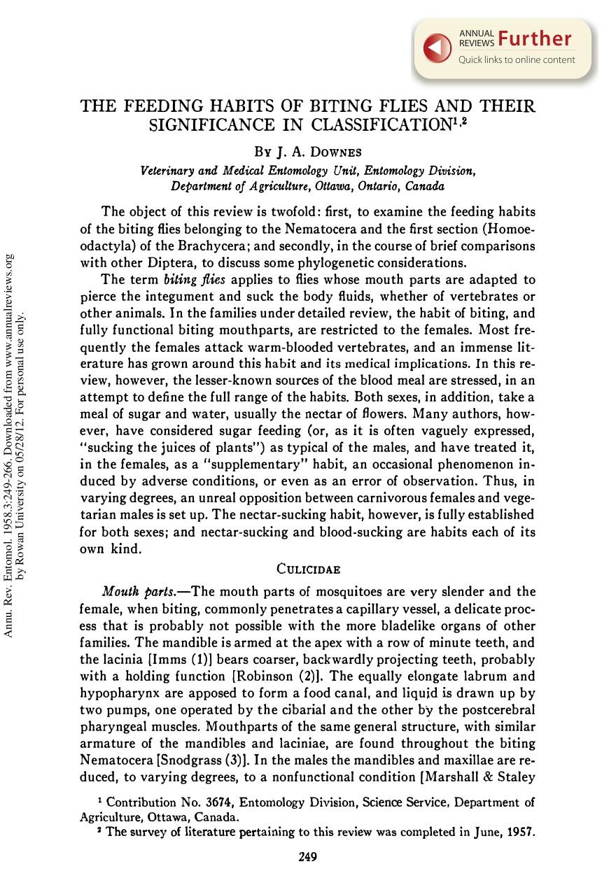 The Feeding Habits of Biting Flies and Their Significance in Classification by J A Downes