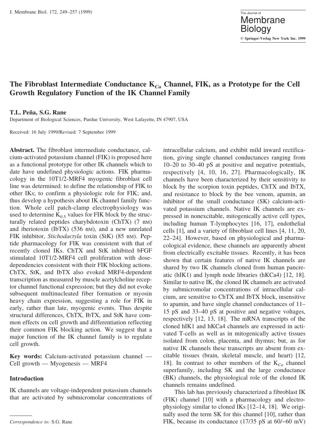 The Fibroblast Intermediate Conductance KCa Channel, FIK, as a Prototype for the Cell Growth Regulatory Function of the IK Channel Family by Pe & ntilde;a T. et al