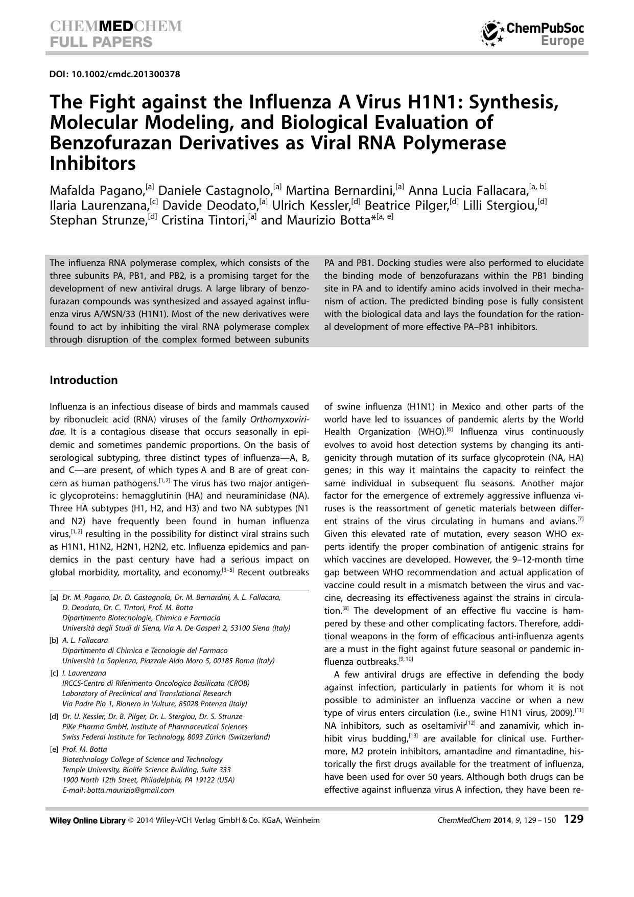 The Fight against the Influenza A Virus H1N1: Synthesis, Molecular Modeling, and Biological Evaluation of Benzofurazan Derivatives as Viral RNA Polymerase Inhibitors by Unknown