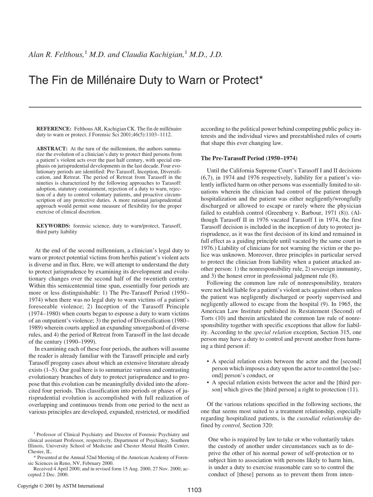 The Fin de Mill&eacute;naire duty to warn or protect by Felthous AR Kachigian C