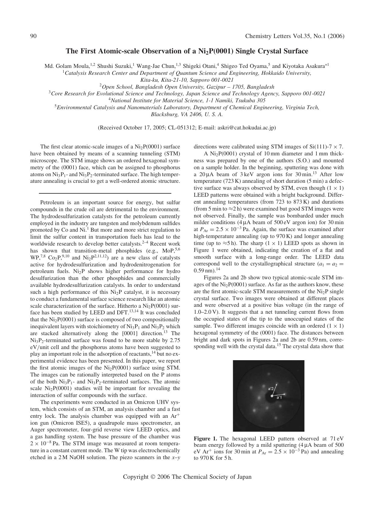 The First Atomic-scale Observation of a Ni_{2}P(0001) Single Crystal Surface by Md. Golam Moula Shushi Suzuki Wang-Jae Chun Shigeki Otani Shigeo Ted Oyama and Kiyotaka Asakura