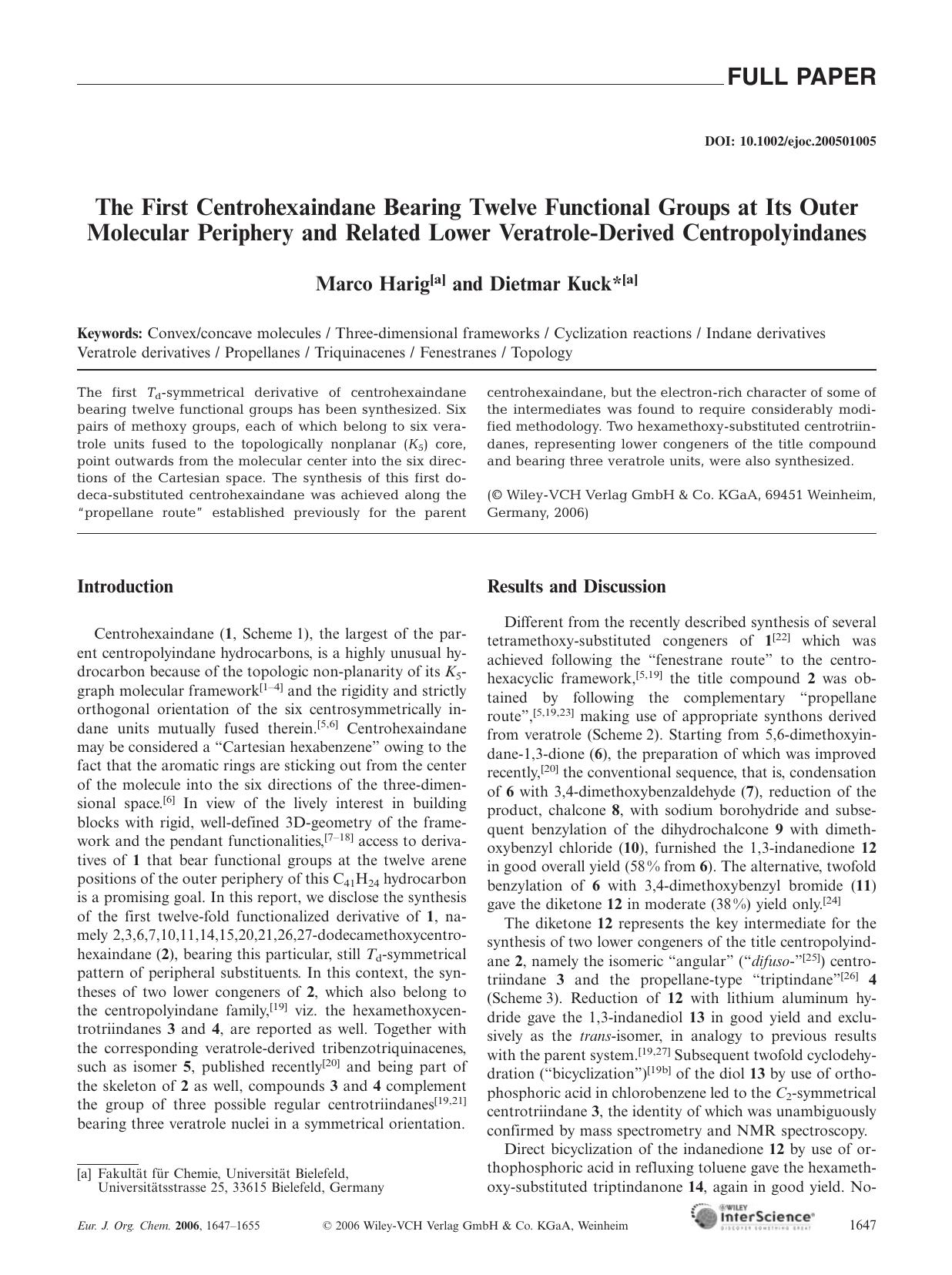 The First Centrohexaindane Bearing Twelve Functional Groups at Its Outer Molecular Periphery and Related Lower Veratrole-Derived Centropolyindanes by Unknown
