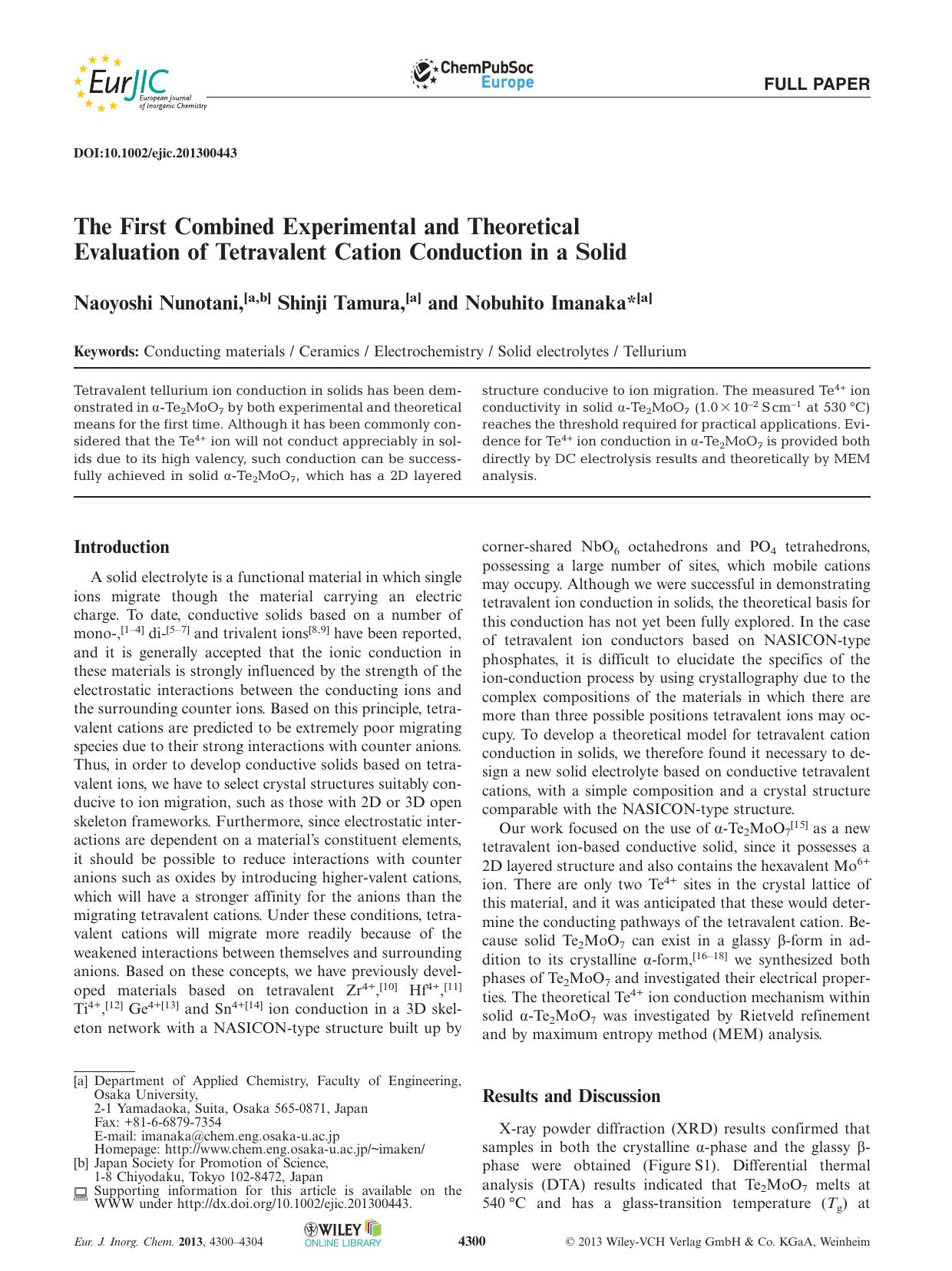 The First Combined Experimental and Theoretical Evaluation of Tetravalent Cation Conduction in a Solid by Unknown