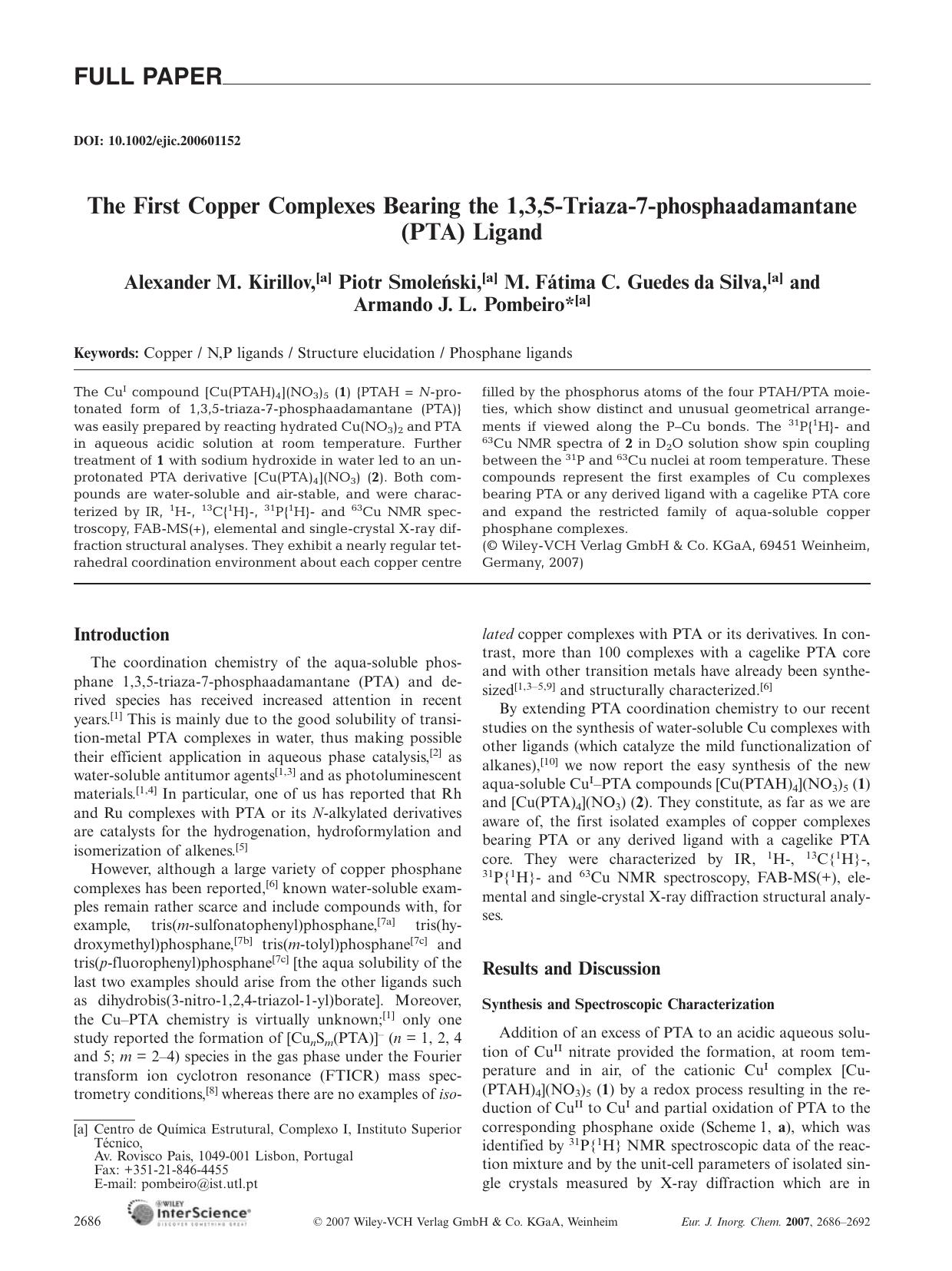 The First Copper Complexes Bearing the 1,3,5-Triaza-7-phosphaadamantane (PTA) Ligand by Unknown