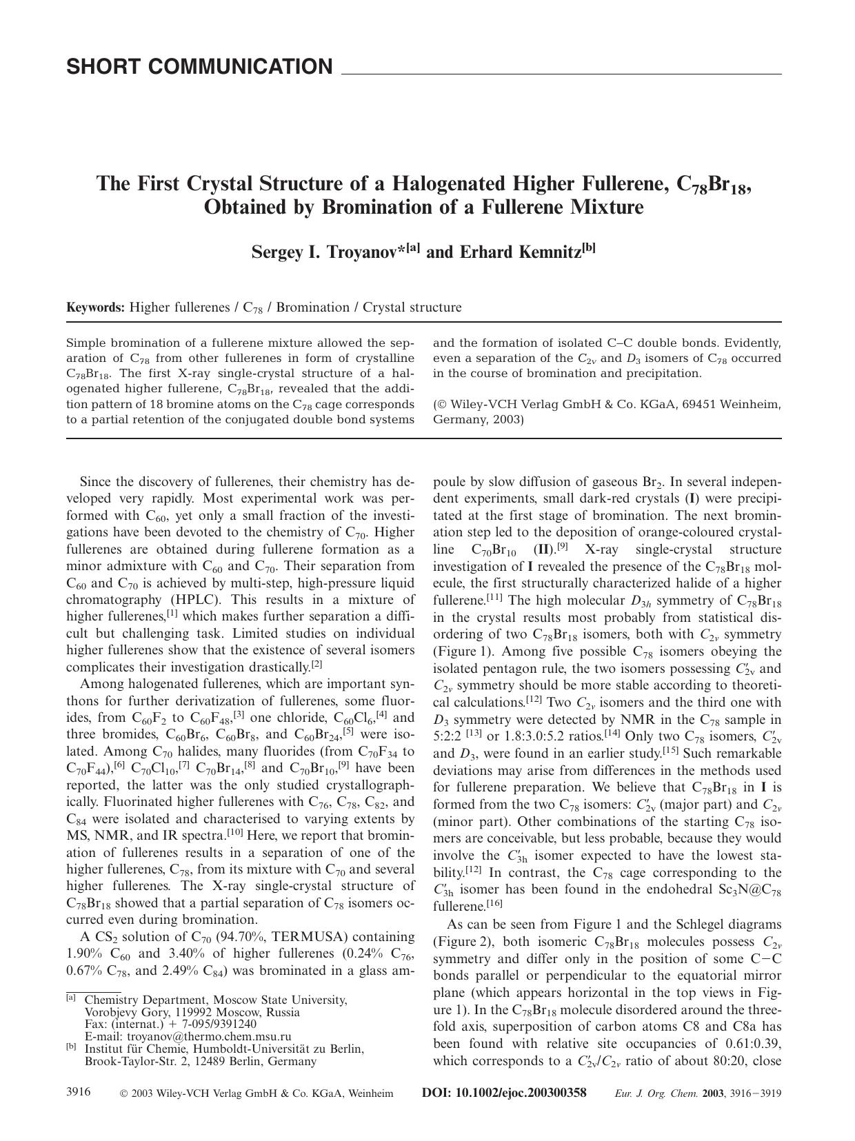 The First Crystal Structure of a Halogenated Higher Fullerene, C78Br18, Obtained by Bromination of a Fullerene Mixture by Unknown