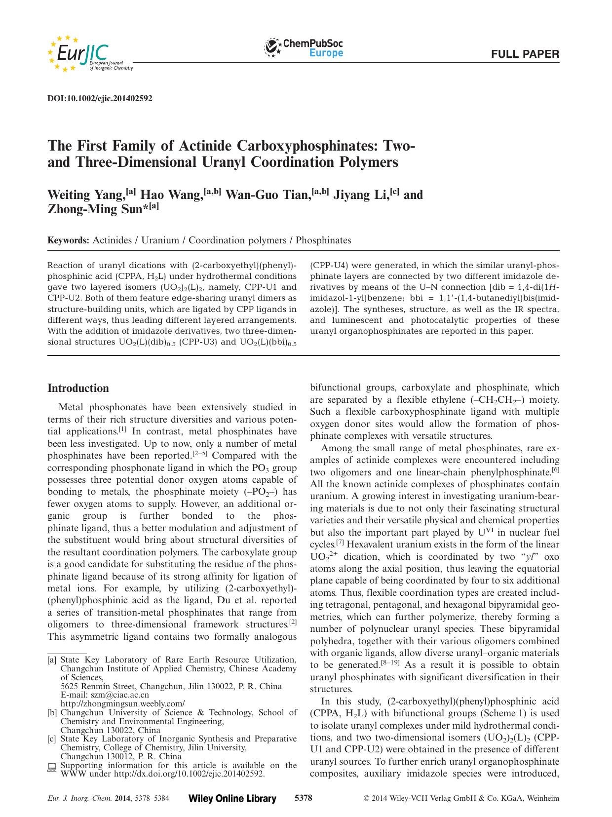 The First Family of Actinide Carboxyphosphinates: Two and ThreeDimensional Uranyl Coordination Polymers by Unknown