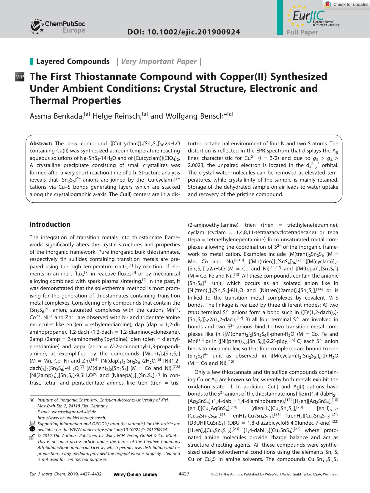 The First Thiostannate Compound with Copper(II) Synthesized Under Ambient Conditions: Crystal Structure, Electronic and Thermal Properties by Unknown