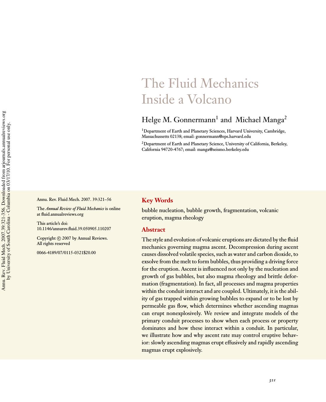 The Fluid Mechanics Inside a Volcano by Helge M. Gonnermann1 & Michael Manga2